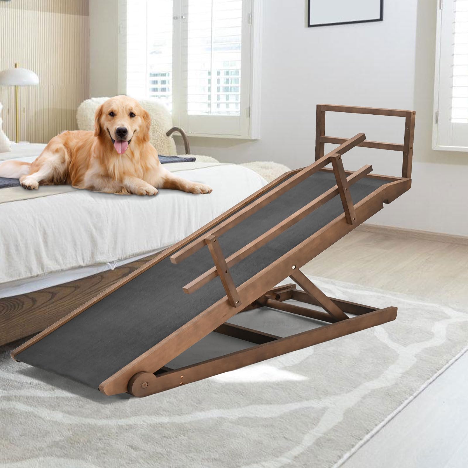 Dog Ramp For Bed, 5 Level Adjustable Dog Ramp For High Beds, Upgrade Rubber Mat High Traction Ramp With Safety Rails, Folding Pe
