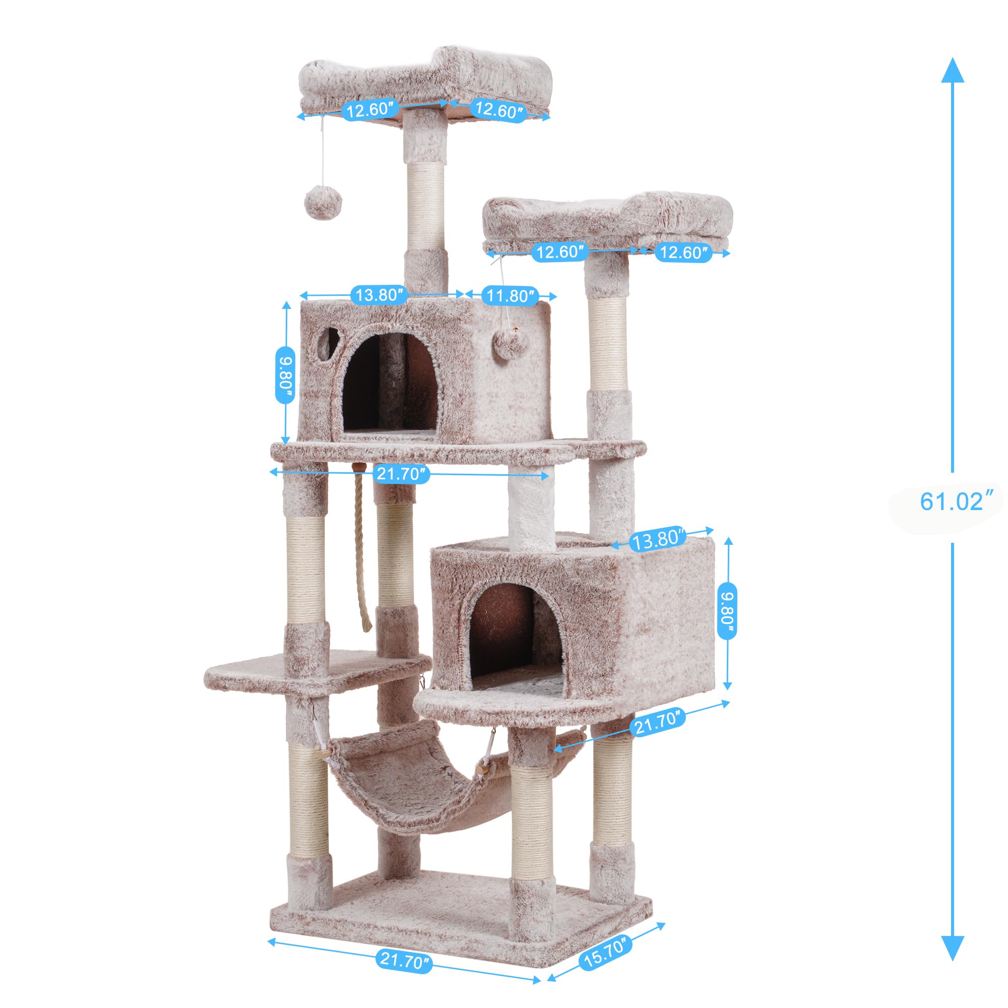 Hey-Brother Large Multi-Level Cat Tree Condo Furniture With Sisal-Covered Scratching Posts, 2 Bigger Plush Condos, Perch Hammock