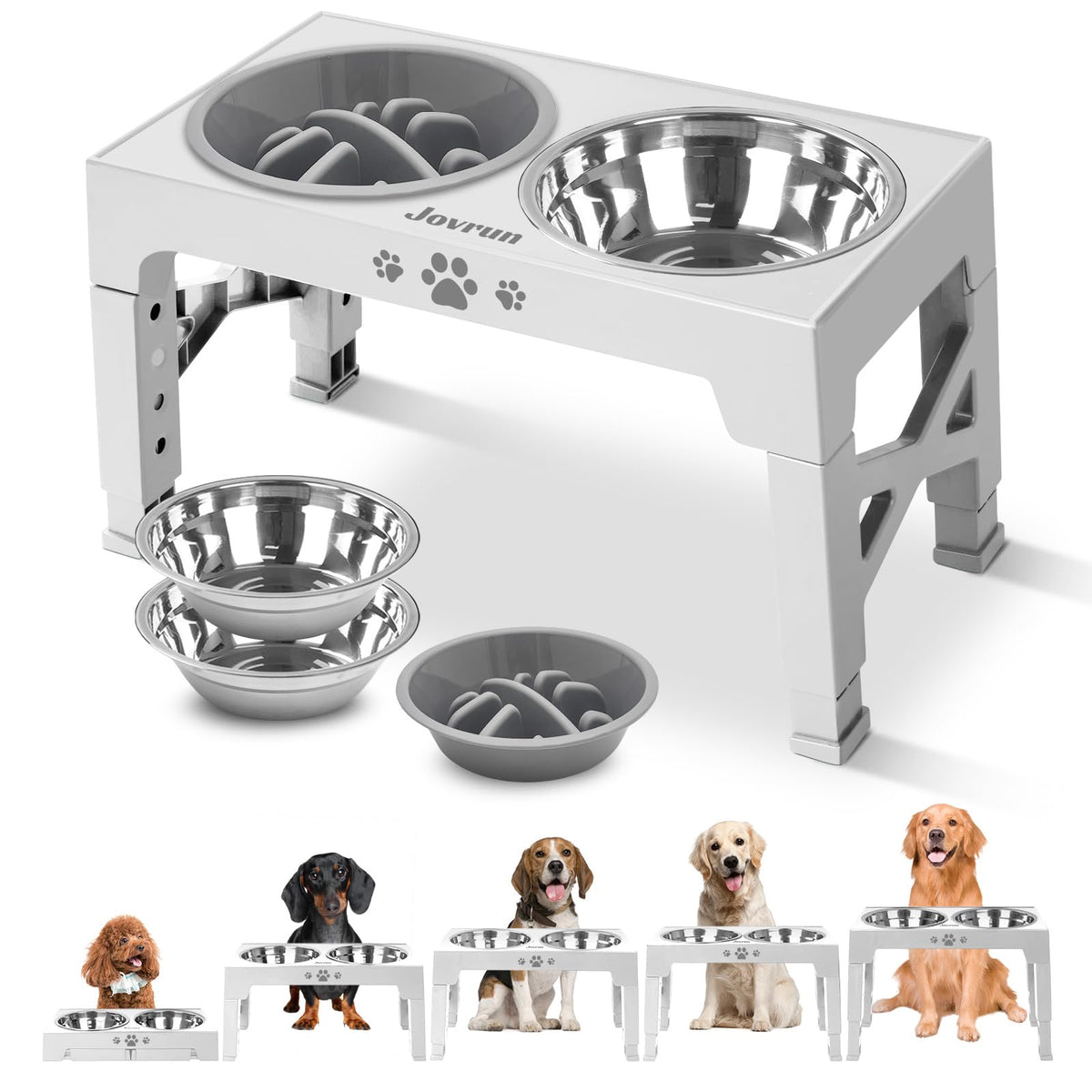 Jovrun Elevated Dog Bowls, Dog Feeder with 2 Stainless Steel Bowls &1 Slow Feeder Dog Bowls, 5 Heights Adjustable Raised Dog Bow
