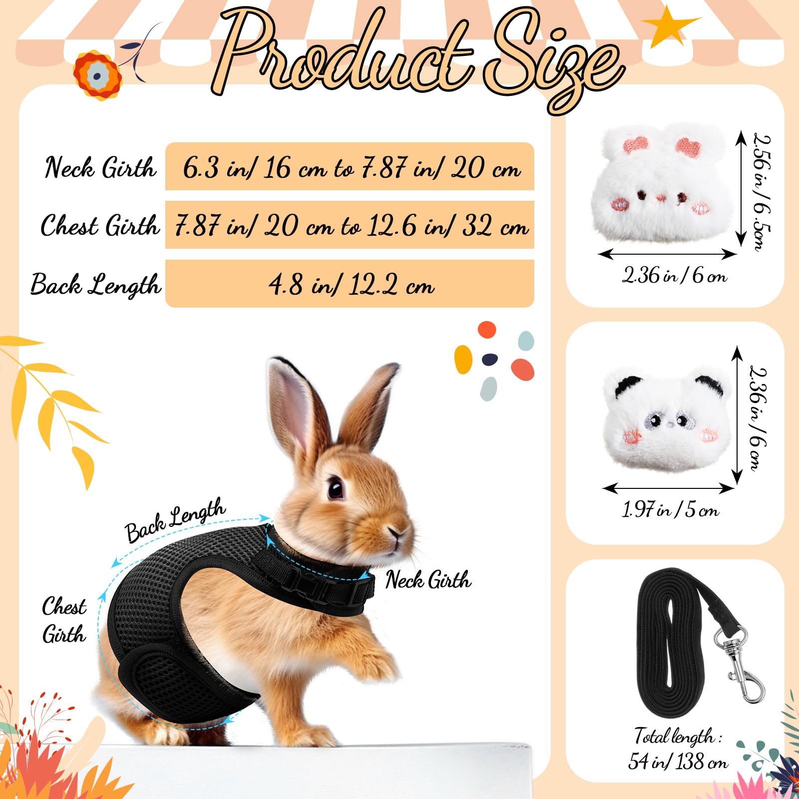 Rabbit Harness And Leash Set With 2 Cute Decorations Bunny Clothes Adjustable Buckle Breathable Mesh Vest Harness For Rabbits Fe