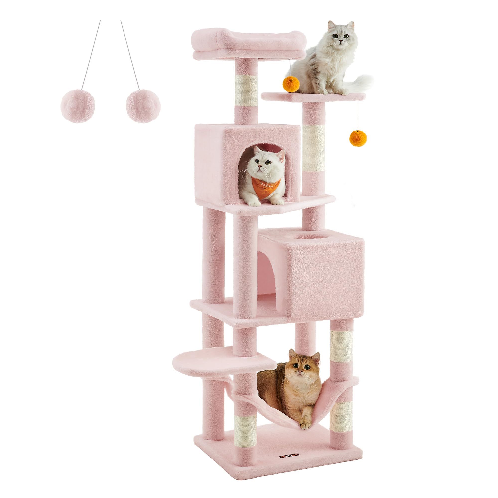 Feandrea Cat Tree, 61-Inch Cat Tower For Indoor Cats, Plush Multi-Level Cat Condo With 5 Scratching Posts, 2 Perches, 2 Caves, Hammock, 2 Pompoms, Jelly Pink Upct192P01