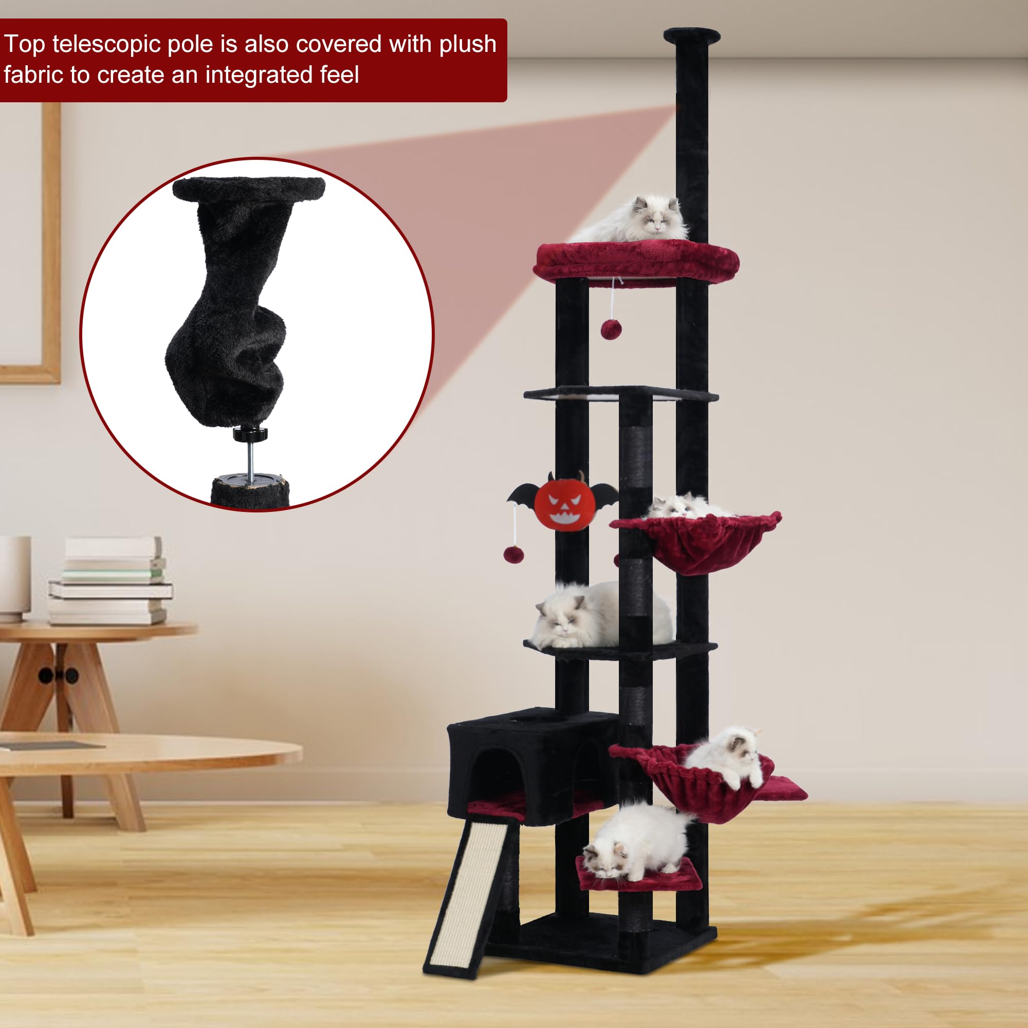 Hebly Cat Tree 92.5-104.3 Inches With Hammock, Floor To Ceiling Gothic Cat Condo,Tall Cat Climbing Tower Adjustable With Scratch