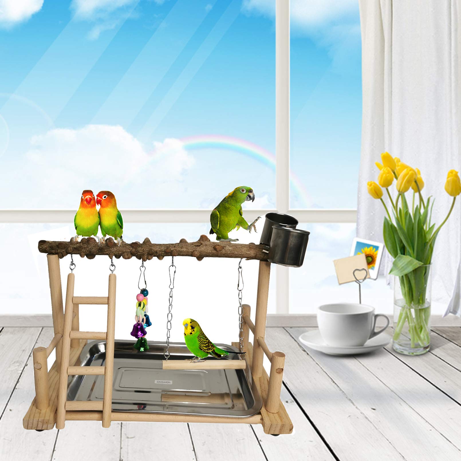 Hamiledyi Parrot Playground Bird Playstand Wood Exercise Play Perch Exercise Gym With Feeder Cups Toys Cockatiel With Ladder Hanging Swing For Pet Conure Lovebirds Life Activity Center Training Stand