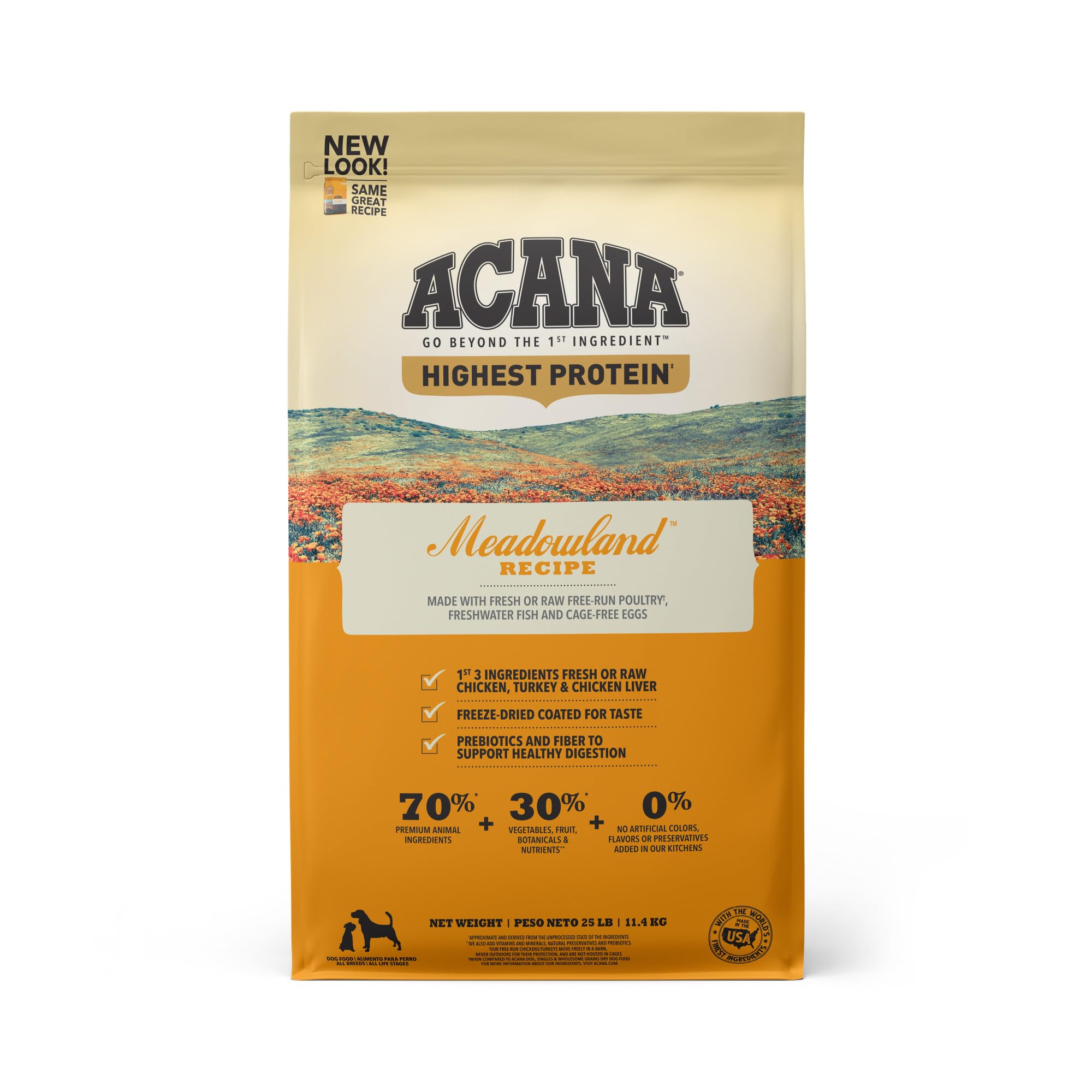 ACANA Highest Protein Dry Dog Food, Meadowland, Chicken and Turkey Recipe, 25lb