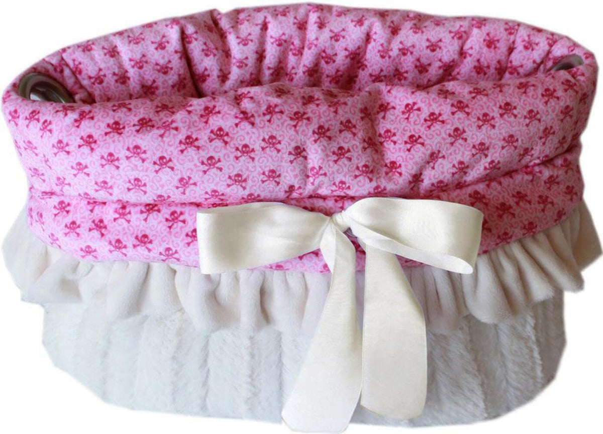 Dog, Puppy & Pet or Cat Reversible Snuggle Bugs Pet Bed, Bag, and Car Seat All-in-One, &quot;Light Pink or Baby Blue Skulls&quot; Light Pink Skulls