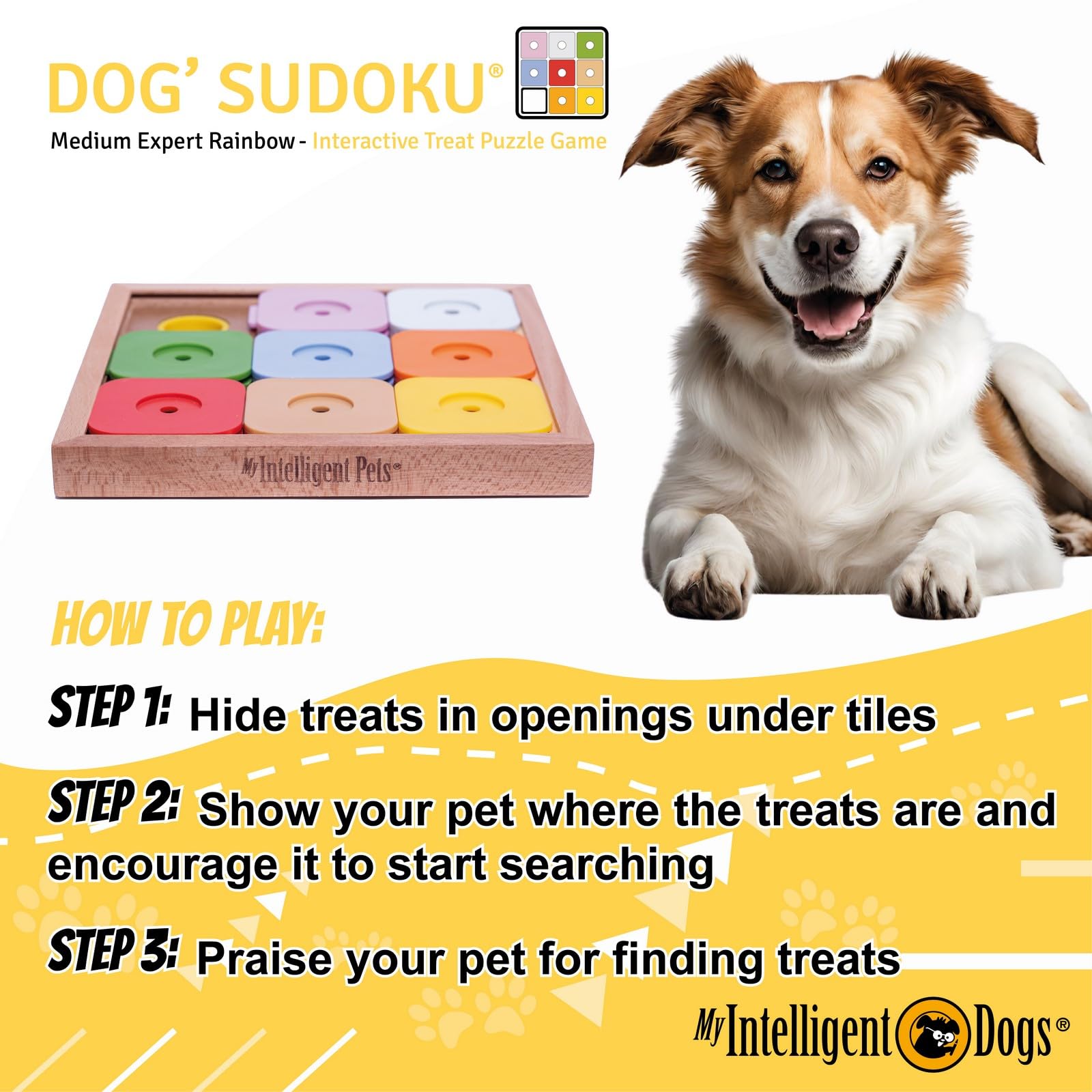 My Intelligent Dogs Interactive Sudoku Puzzle for Medium Dogs and Cats - Expert Brain Pet Toy - 9 Treat-Hiding Holes, Medium Woo