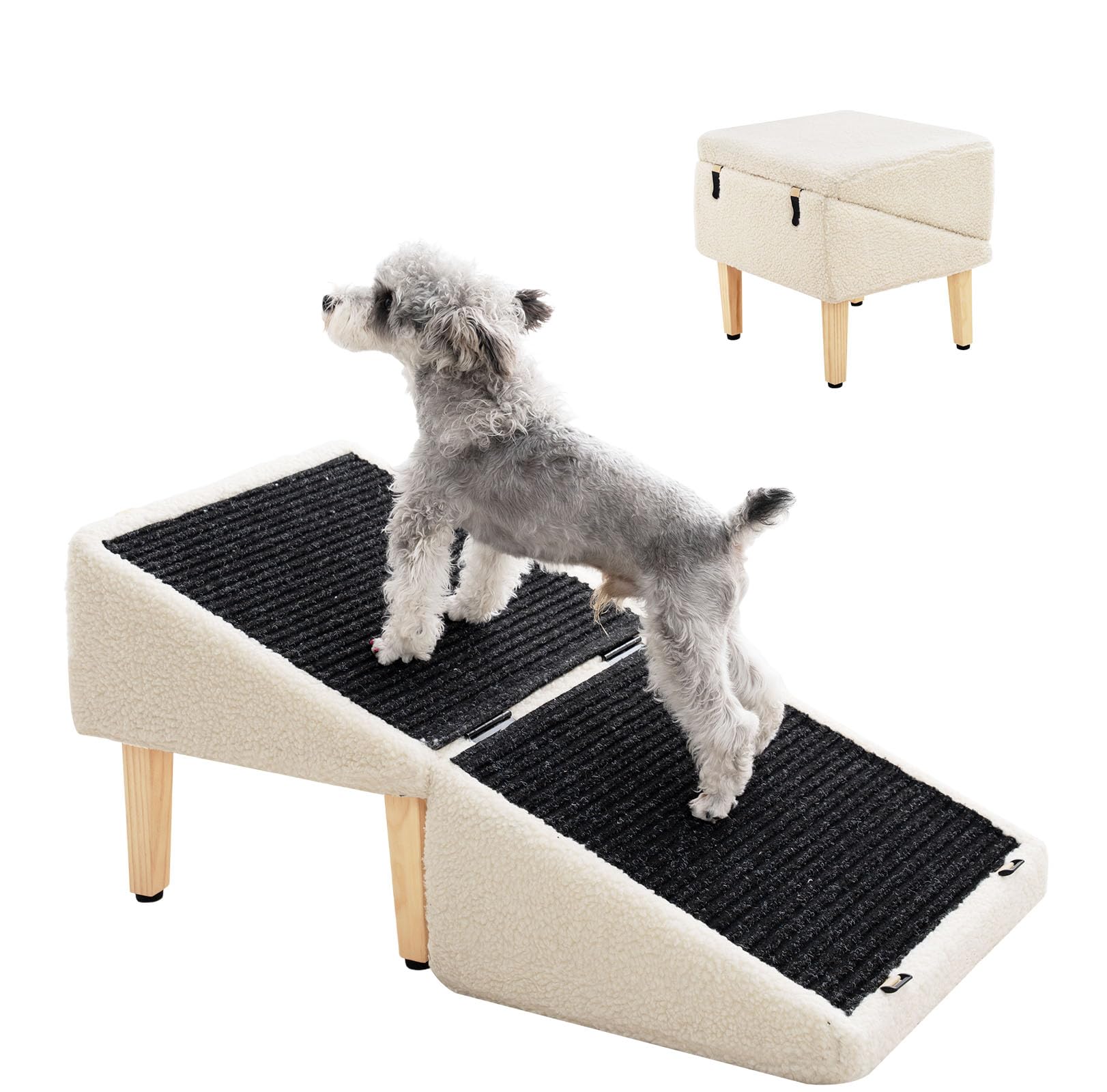 MEWANG Dog Ramp with Storage for Small Dogs & Cats-1.5ft Pet Stairs,Footstool and Hidden Storage Box,3-in-1 Design,Anti-Slip, Su