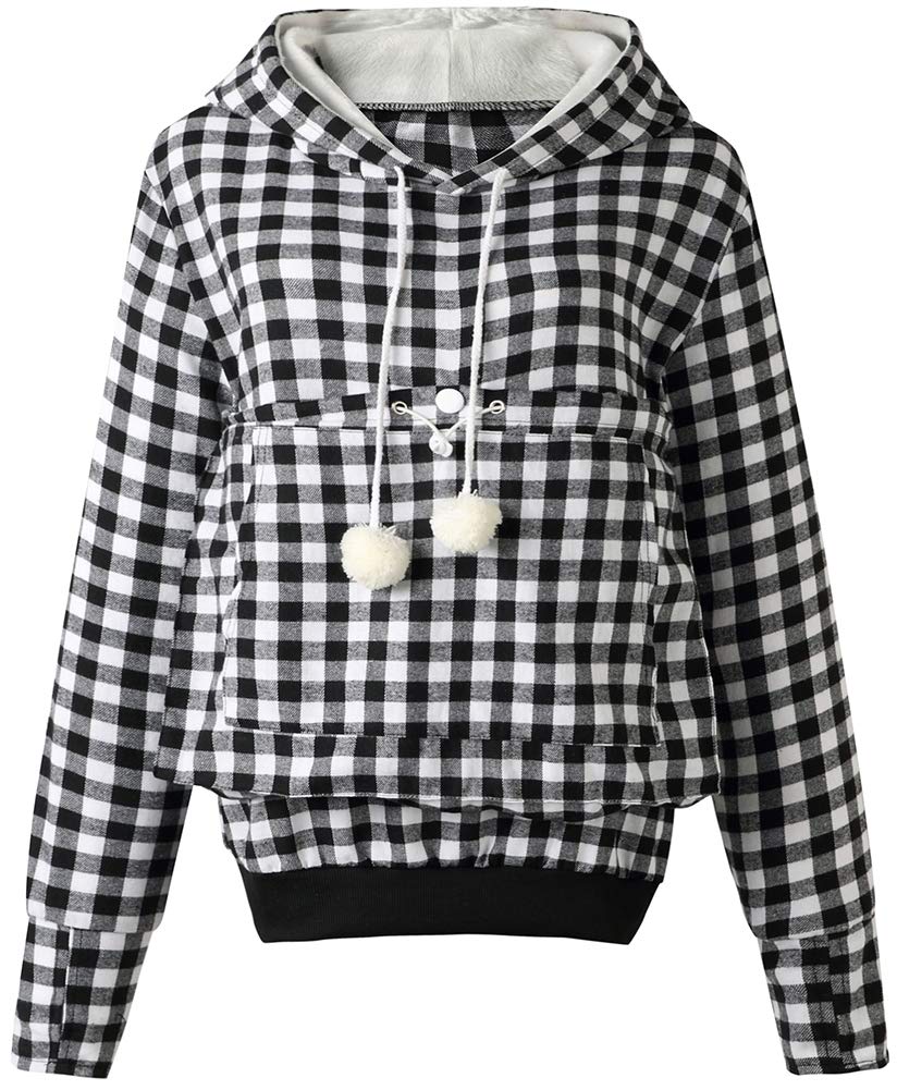 Jomago Womens Pet Carrier Thin Hoodies Kitten Puppy Pouch Shirts Animal Holder Hood Long Sleeve Sweatshirt Plaid White