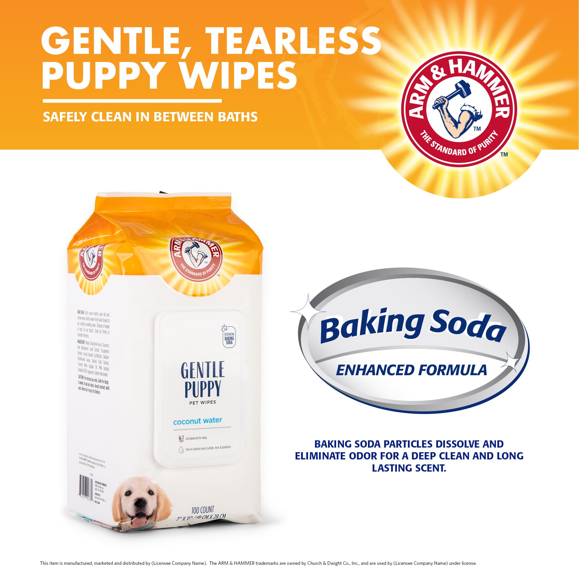 Arm & Hammer Dog Grooming Wipes - Natural Deodorizing Pet Wipe With Coconut - Travel Essential & Supplies For Dogs - Dog Whole Body & Face Cleaning - Odor Eliminator With Baking Soda Power - 100 Count