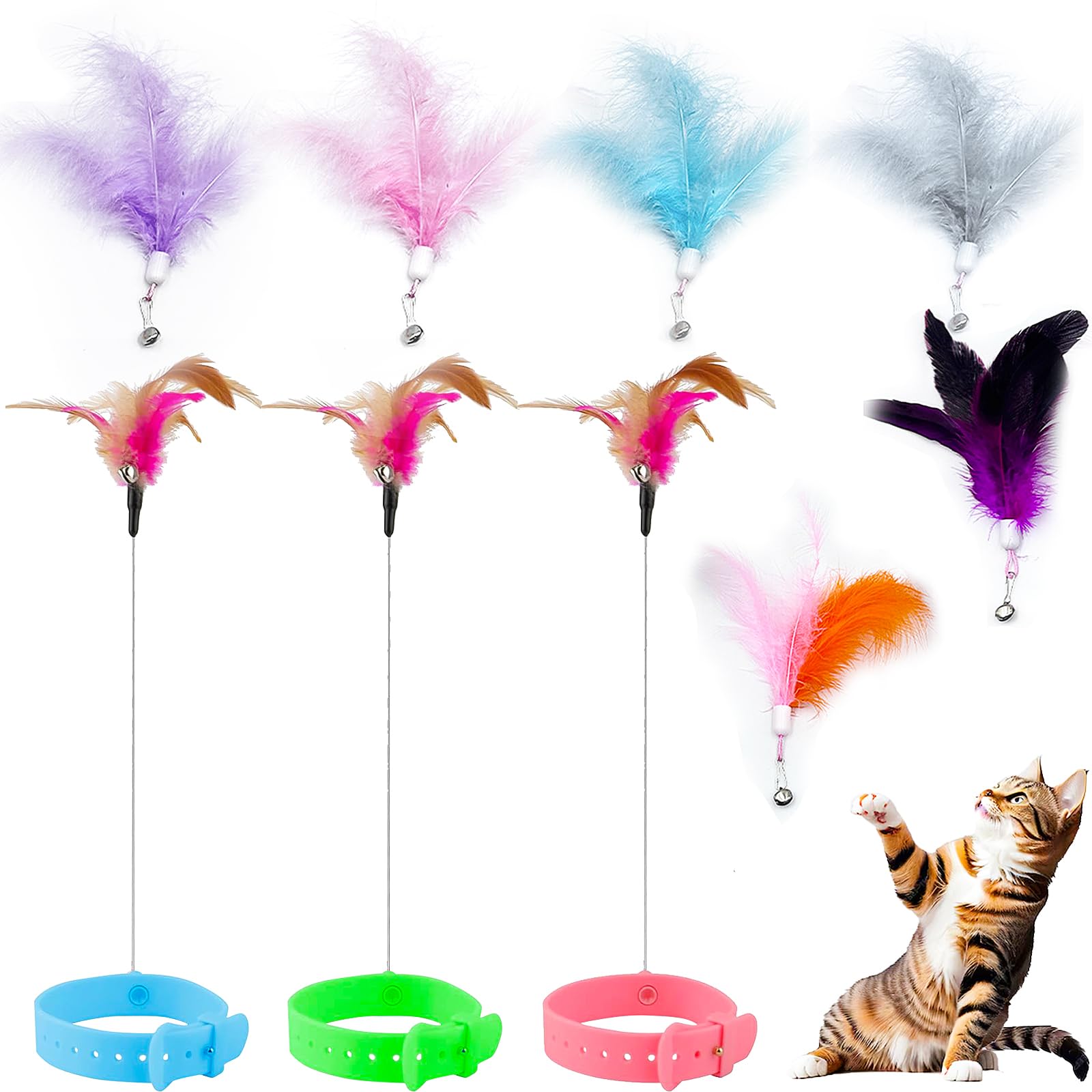 Subang 9 Pieces Cat Feather Toys Replacement Cat Toy With Collar Wand Refills Cats Toy Replacement Natural Bird Feathers For Cat