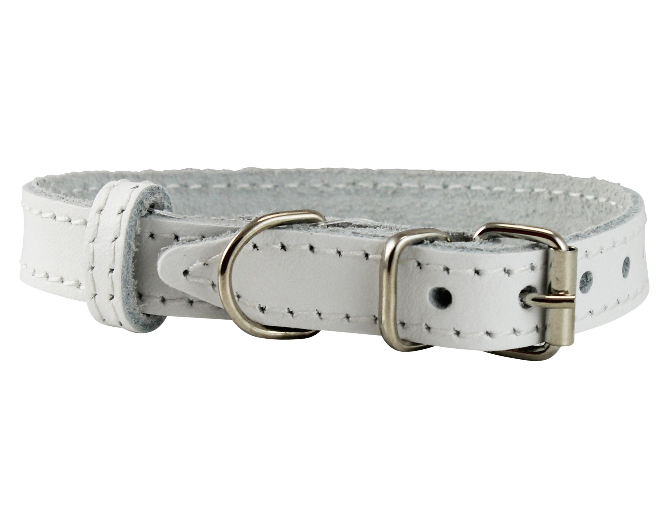 Genuine Leather Dog Collar For Smalles Dogs And Puppies 3 Sizes White (Neck: 8'-9.75'; 3/8' Wide)