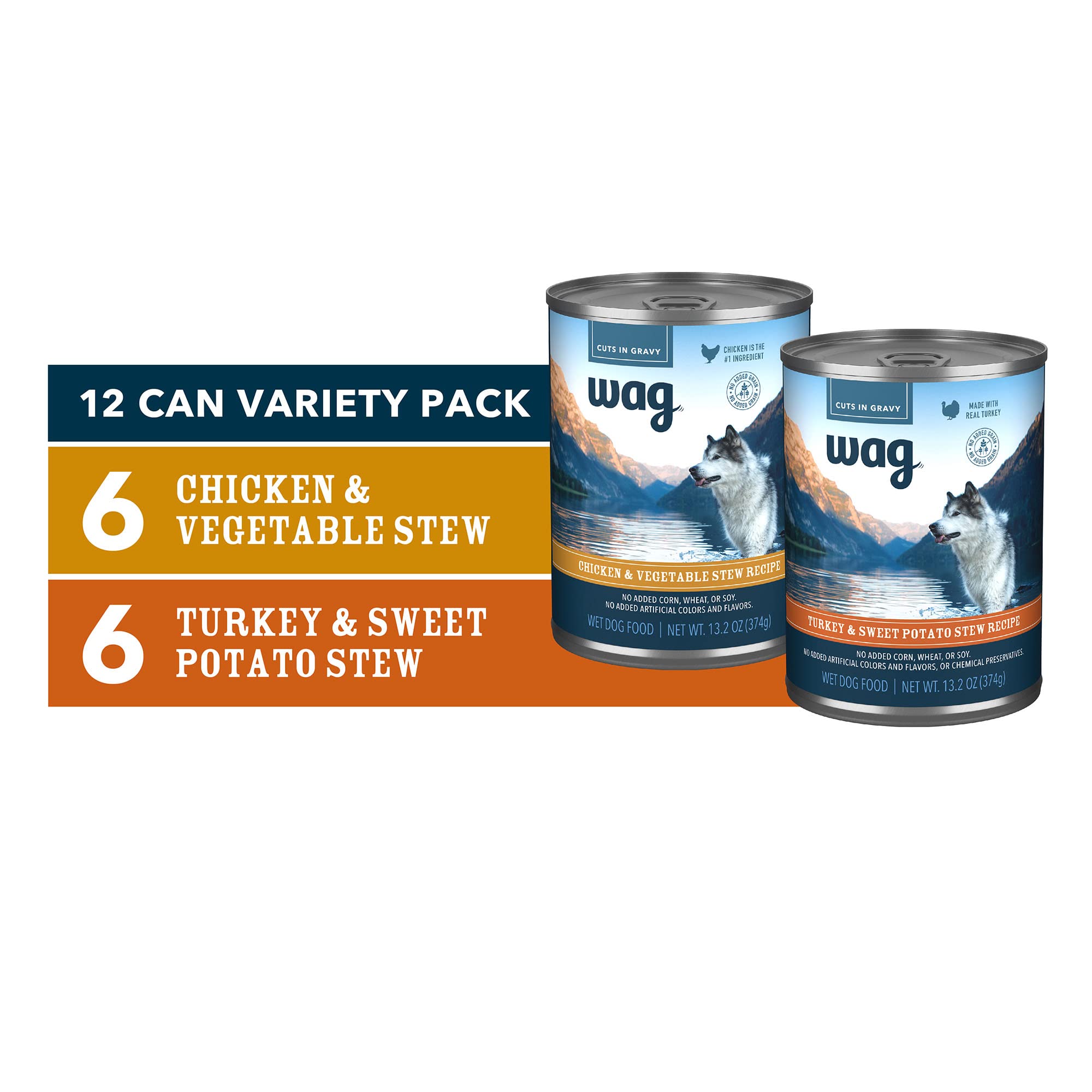 Amazon Brand - Wag Wet Dog Food Stew Variety Pack, Chicken & Turkey Cuts in Gravy, Made with Natural Ingredients, 13.2 Ounce Can