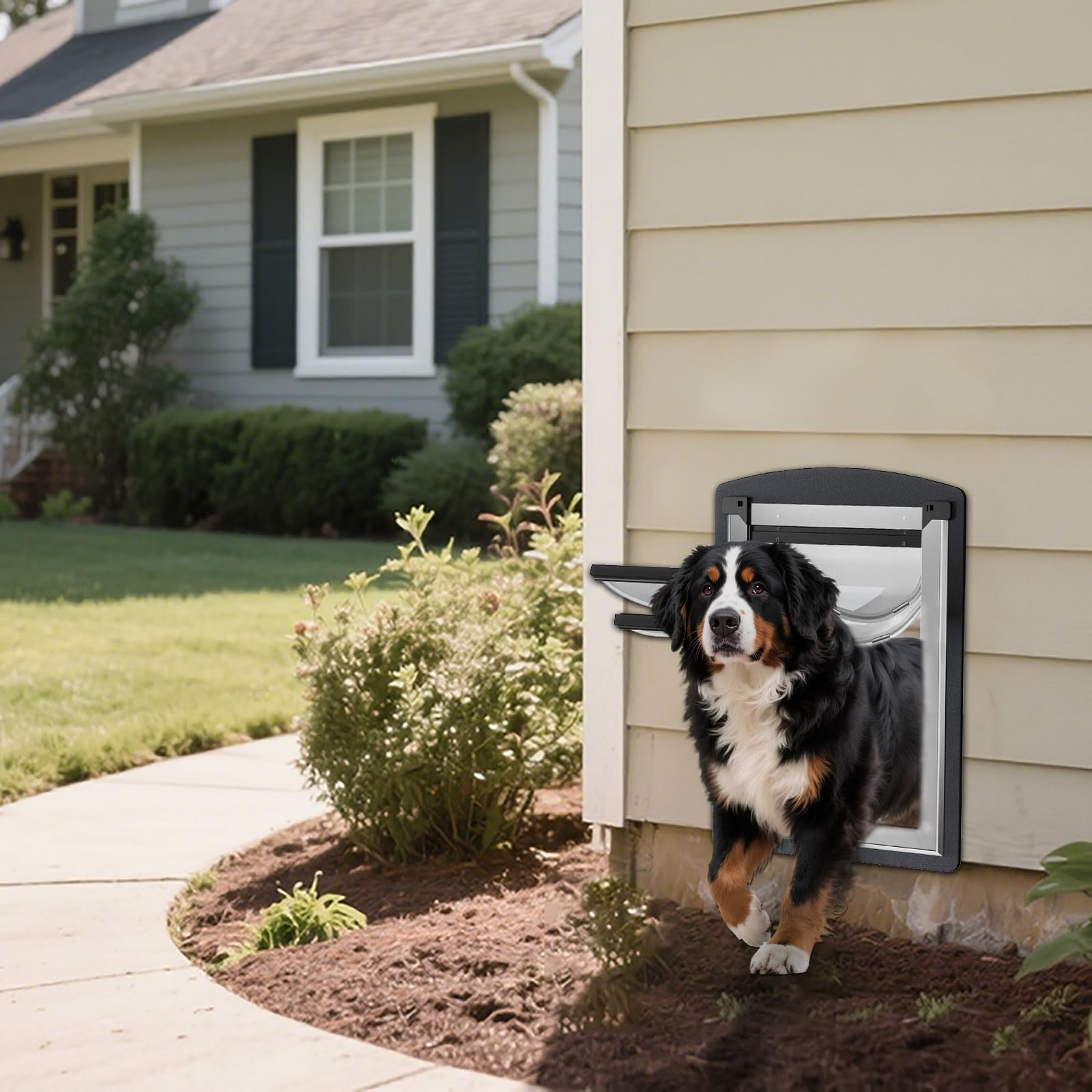 FreeStanding Extra Large Dog Door for Wall, Smoky Gray, Steel Frame, Telescoping Tunnel, Double Magnetic Flaps, Up to 220LBS