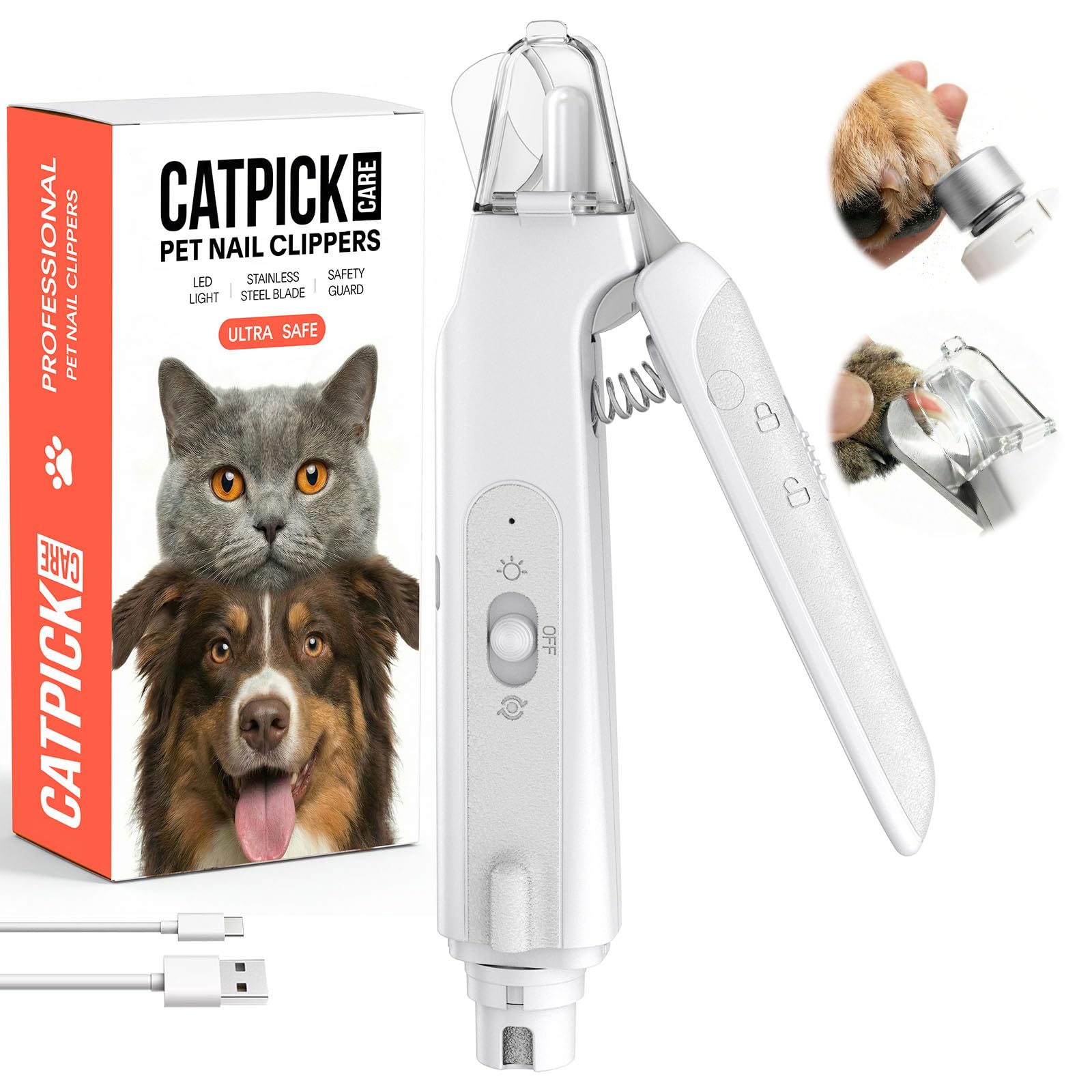 2-in-1 Dog & Cat Nail Clipper with Grinder - Dual Highlight LED Reduce Over-Trimming, Long Battery Cordless USB-C Rechargeable, 