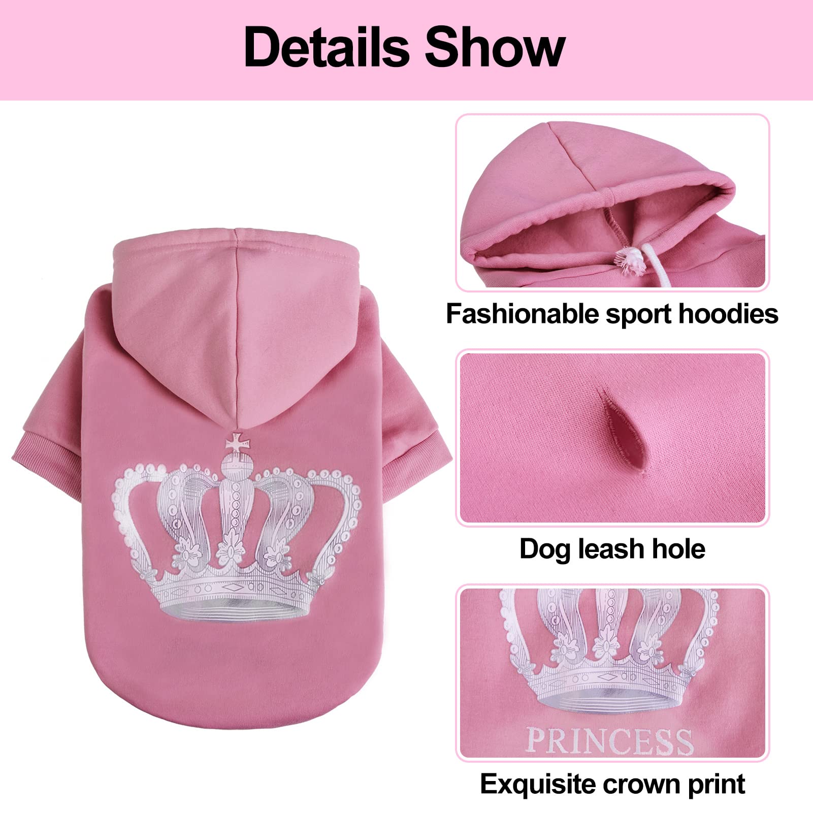 EXPAWLORER Prinecss Dog Hoodie for Girl - Hooded Dog Sweater with Leash Hole, Dog Cold Weather Clothes,Sweatshirt with Pocket, P