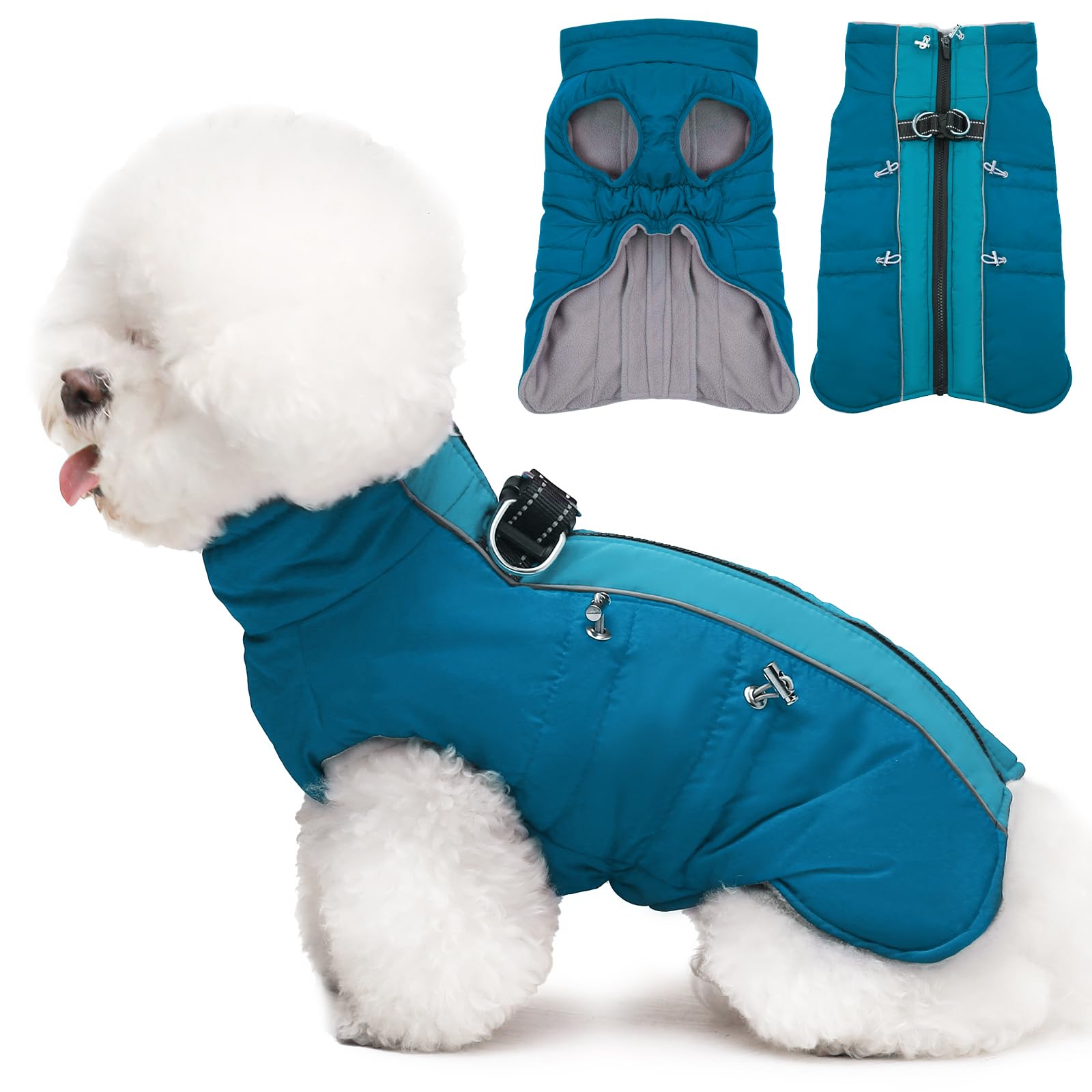 IKIPUKO Small Dog Coat - Warm Zip Up Snowsuit Dog Harness Vest, Reflective, Water-Resistant, Green