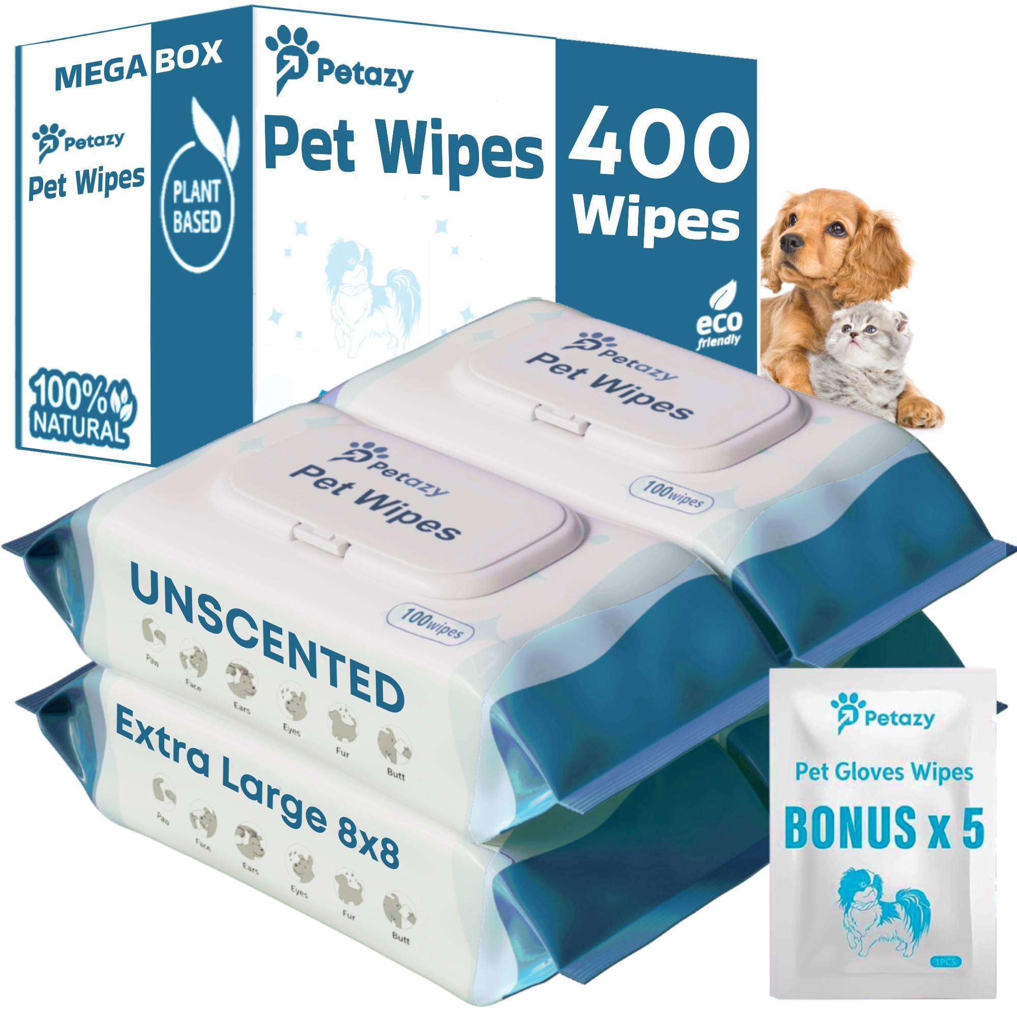 Petazy 400 Dog Wipes For Paws And Butt Ears Eyes | Organic Pet Wipes For Dogs | Unscented Dog Wipes Cleaning Deodorizing | Extra