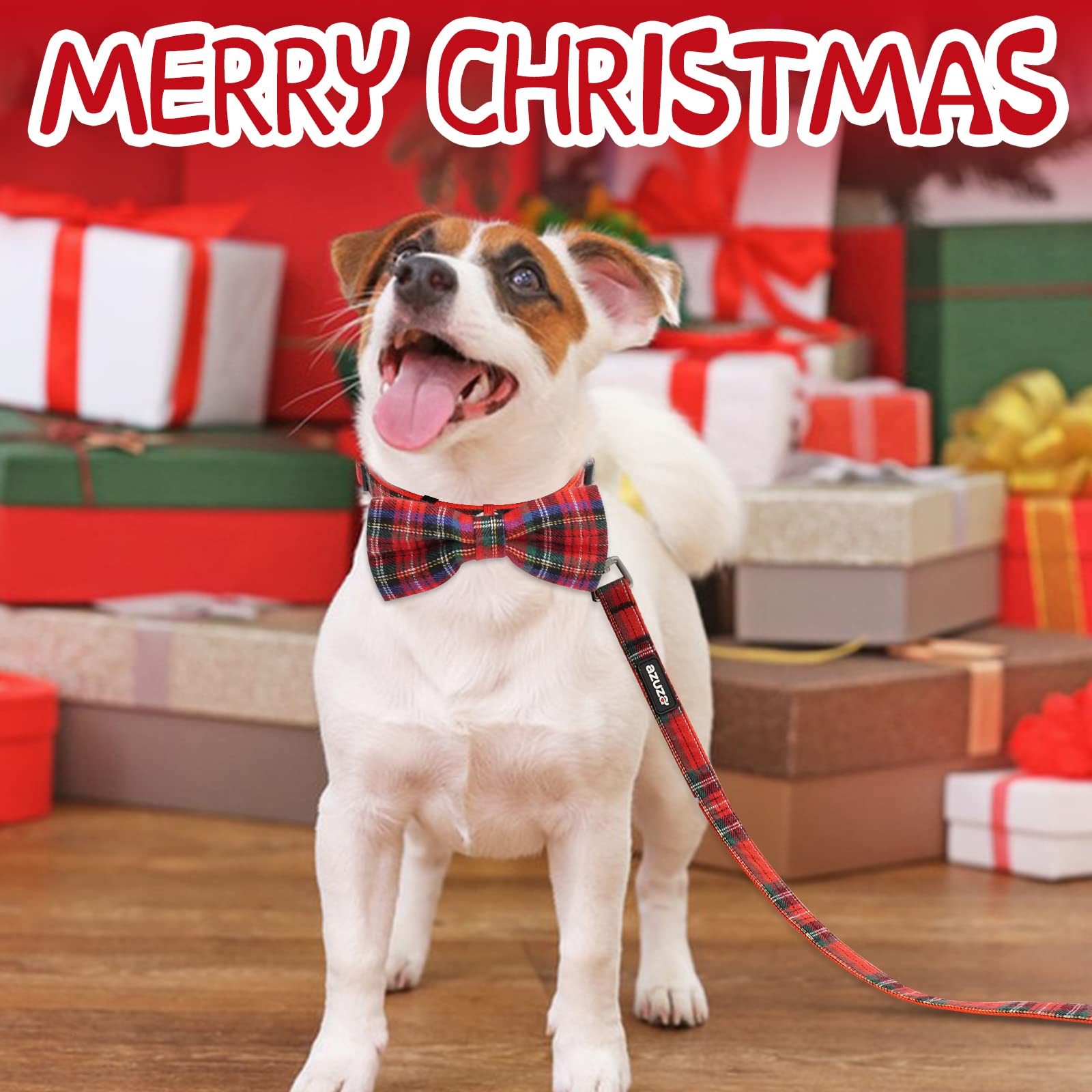 Azuza Christmas Buffalo Dog Collar And Leash Set, Classic Plaid Collar With Removable Bowtie And Matching Leash For Puppy Small Dogs