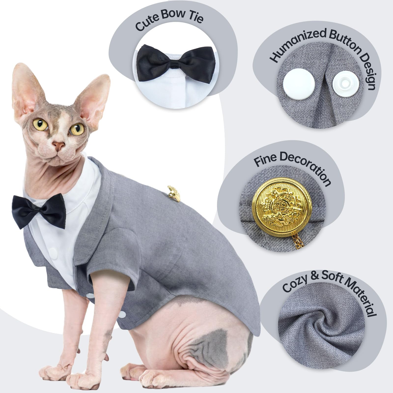 Qbleev Cat Tuxedo Suit, Cat Halloween Costumes For Cats Only, Sphynx Cat Tuxedo Outfit Costume With Bow Tie, Kitten Formal Attir