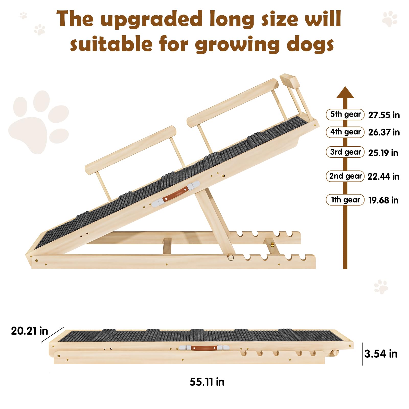 Dog Ramp For Couch, Bed Or Car, Wooden 55'' Long Pet Stairs For Small & Large Old Dogs & Cats, Hold Up To 250Lb, 6 Adjustable He