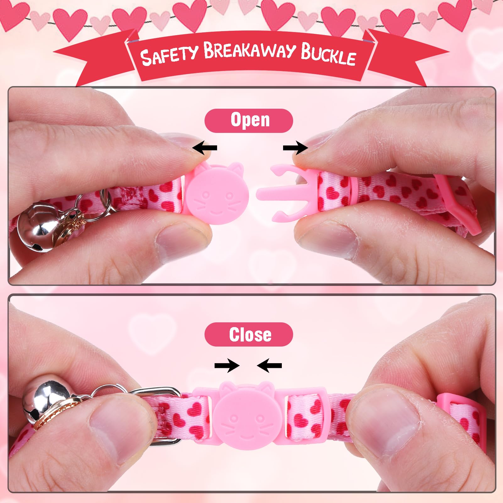 Pupteck Breakaway Valentine Cat Collar With Bell Charm, 2 Packs Adjustable Kitty Collars Pink & Red Love Pattern, 7.8-11.8 In