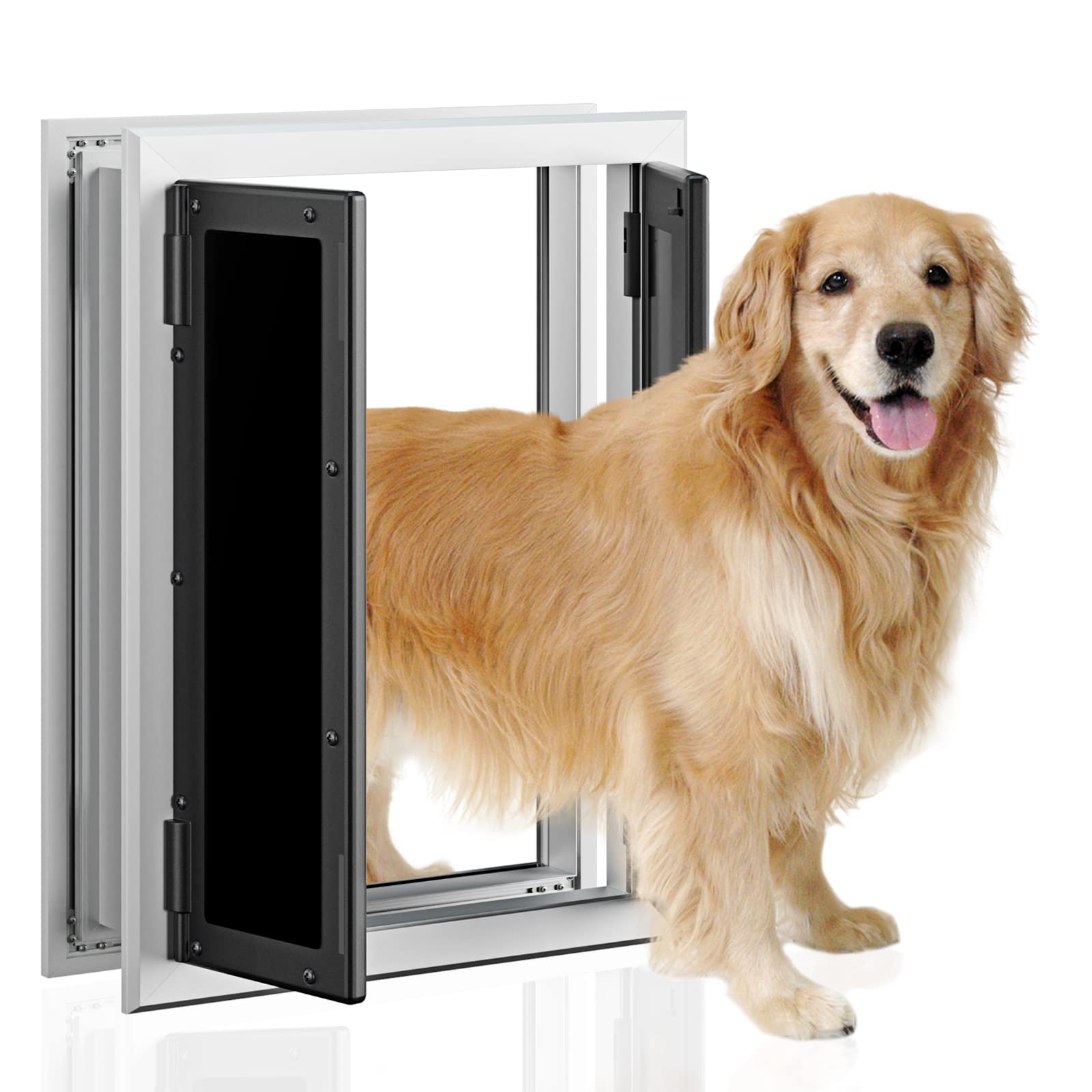 Premium Large Dog Door, Petouch Aluminum Pet Door With Double Panels, Doggie Door With Automatic Closing Magnetic Flaps, Slide-I