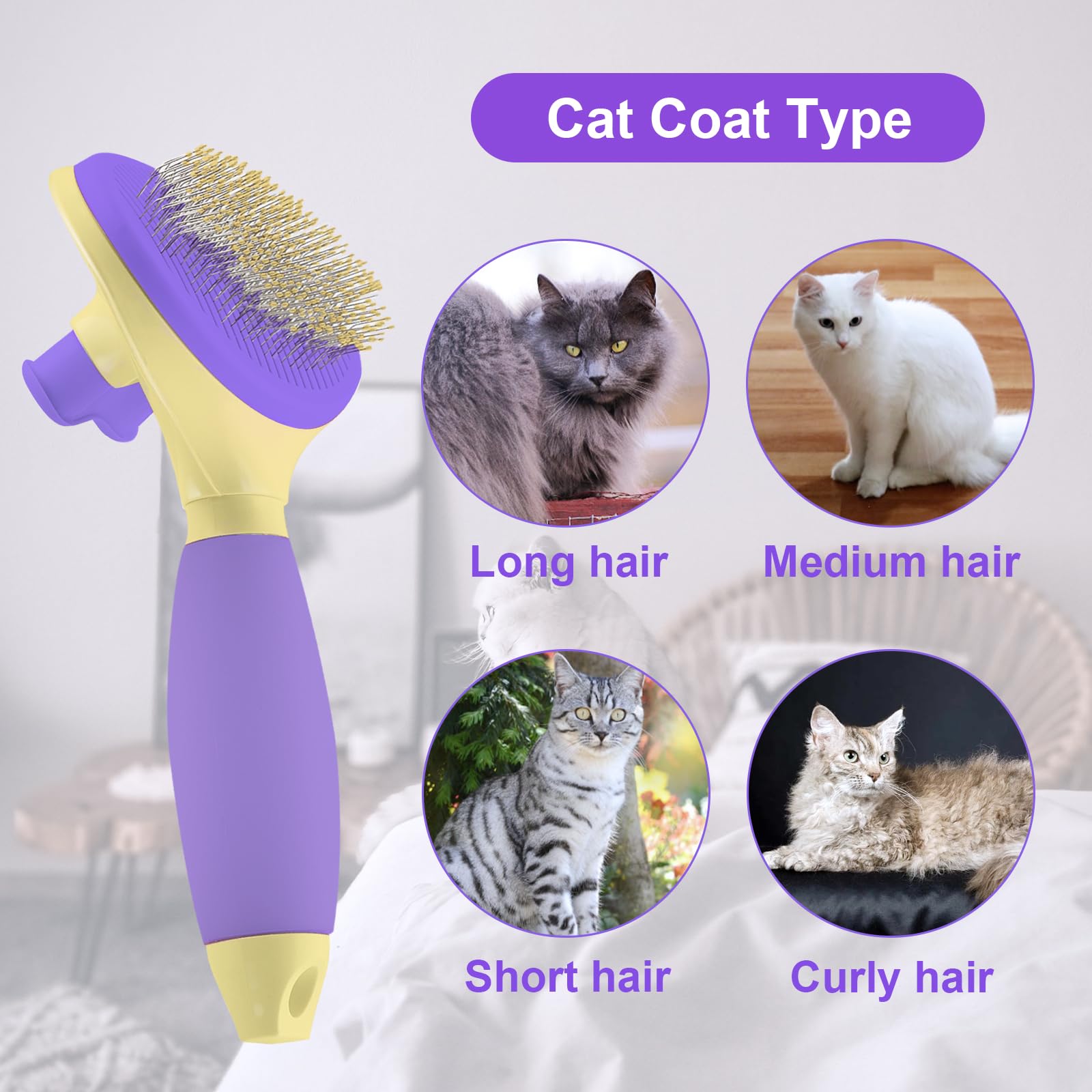 Cat Brush For Grooming And Shedding, Self-Cleaning Silicone Brush For Short And Long Haired Cats, Cat Gifts For Pet Lovers (Purp