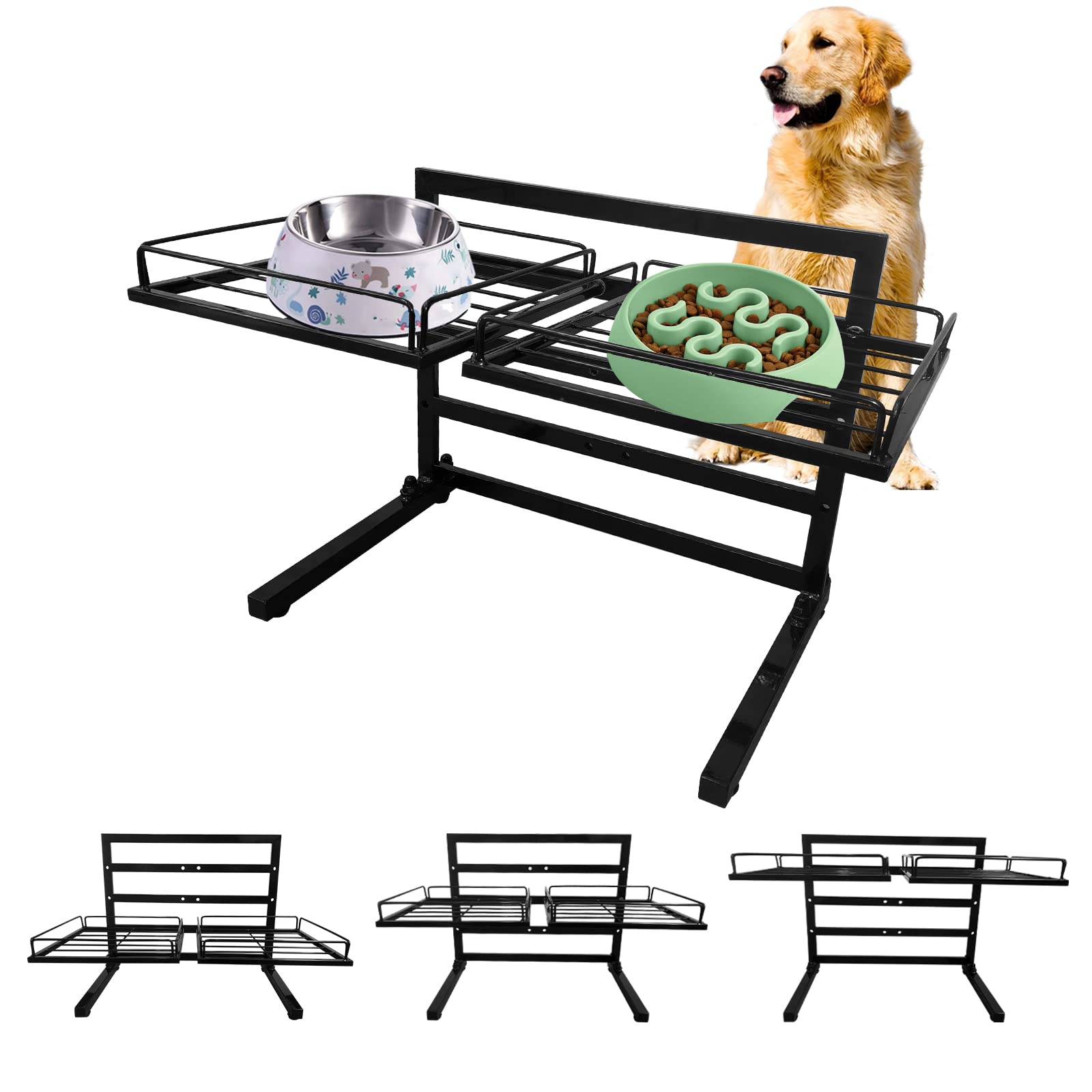 Elevated Dog Bowl Stand - Adjustable Holder with 3 Heights for Small to Large Dogs (For 2Pcs 9.8in Bowls)