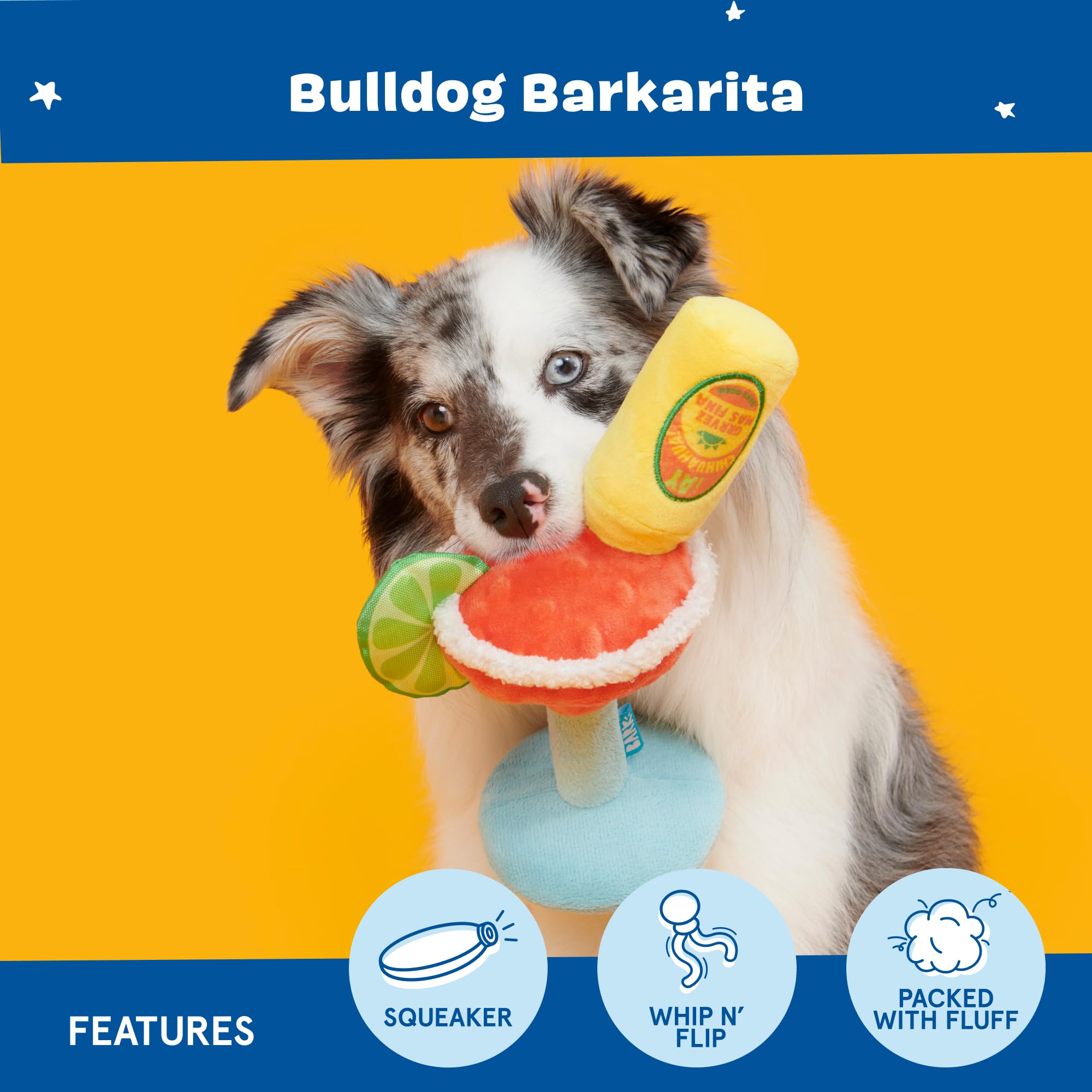 Barkbox Bulldog Barkarita Plush Dog Toy, Crazy Crinkle And Whip N Flip Features & Squeakers - Fun Dog Toys