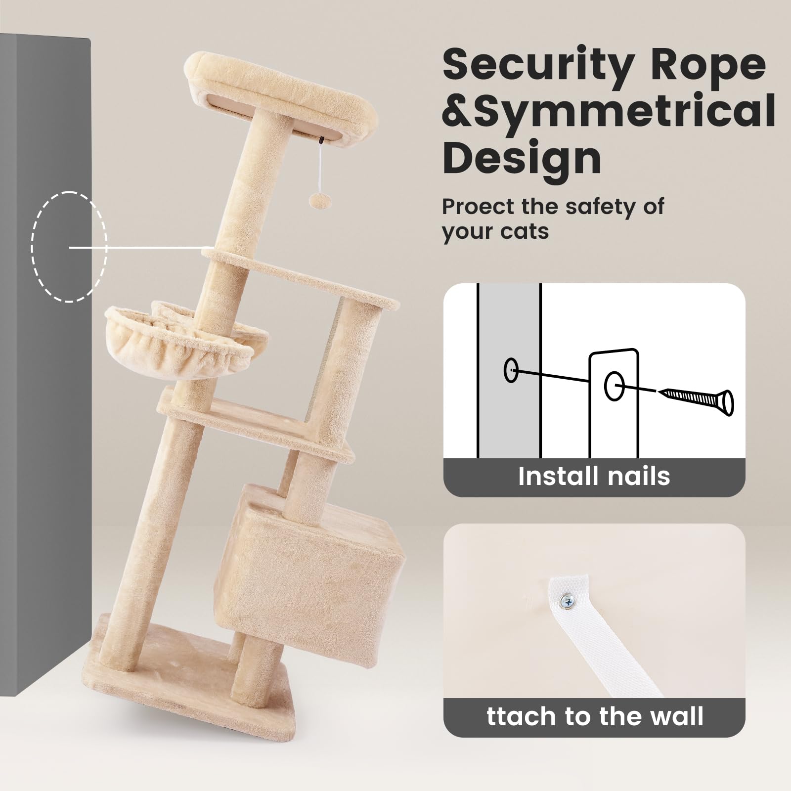 Gardner Pet 65In Heavy Duty Cat Tree Tower For Large Cats, Multi-Level Cat Furniture With Replaceable Sisal Scratching Post, Ham