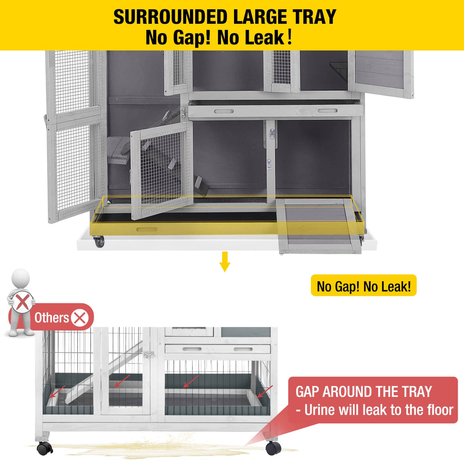 Aivituvin Bunny Cage Rabbit Hutch Indoor Rabbit Cage With Wheels Outdoor Rabbit House With Two Plastic Tray, Foldable Door (Gery