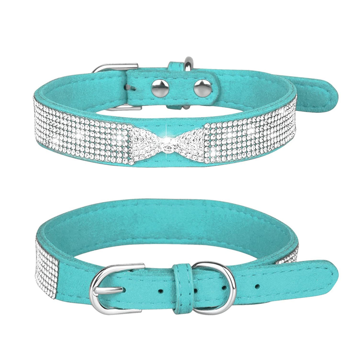 Pimaodog Rhinestone Dog Collar, Cute Dazzling Sparkling Soft Suede Leather Adjustable Pet Dog Cat Collar Crystal Diamond For Puppy Small Medium Large Dogs (L:38 - 46Cm, Light Blue-3)