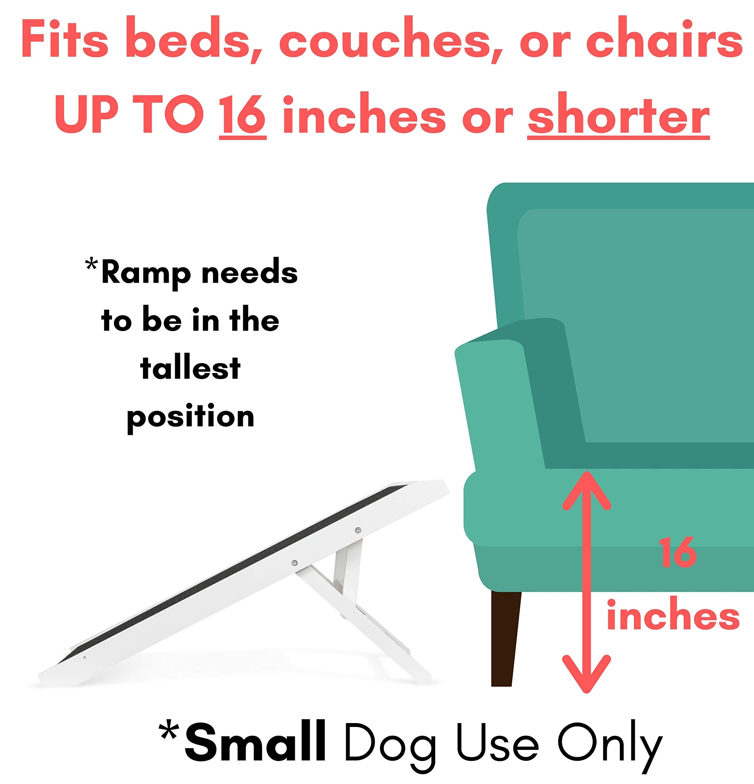 Birdrock Home Adjustable Dog Ramp For Low Beds Or Couches - Small Dogs Or Cats Only - Decorative Wooden Folding Doggie Ramps - Paw Friendly Grip Carpet - White 16'