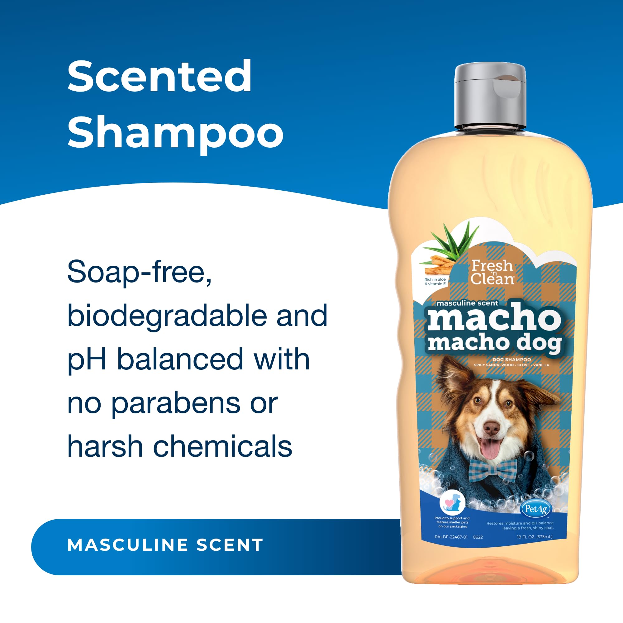 Petag Fresh ’N Clean Macho Macho Dog Shampoo - 18 Oz - Masculine Scent - Moisturizes With Vitamin E & Aloe Vera - Strengthens & Repairs Coats - Soap Free