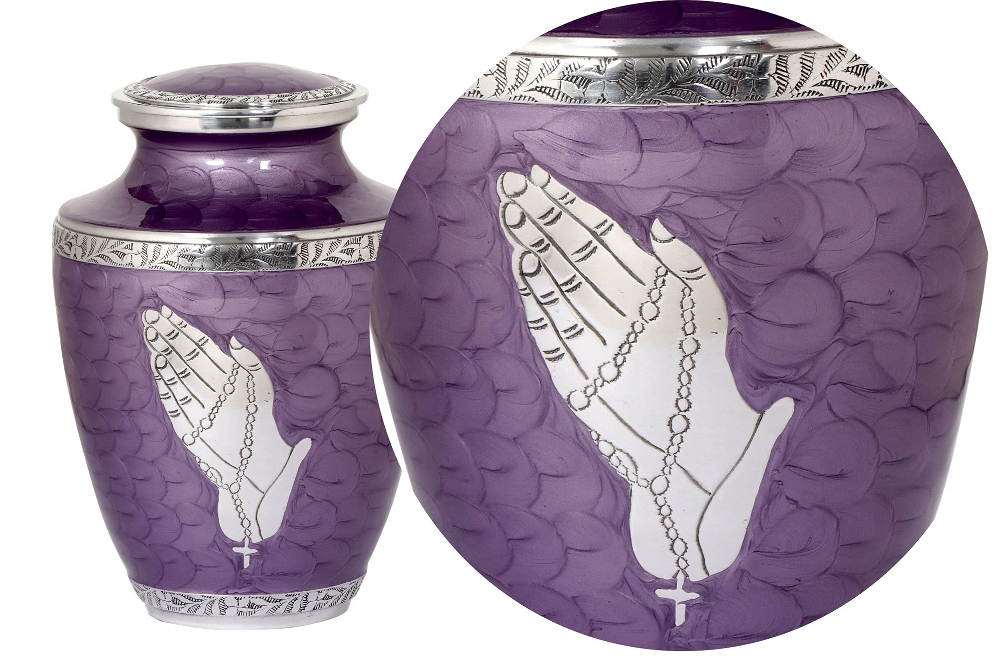 Bold & Divine™ Praying Hand Large Adult Urn For Human Ashes |A Simple Elegant, Handcrafted And Minimalistic Resting Place For Your Loved One - With Beautiful Velvet Bag - Purple