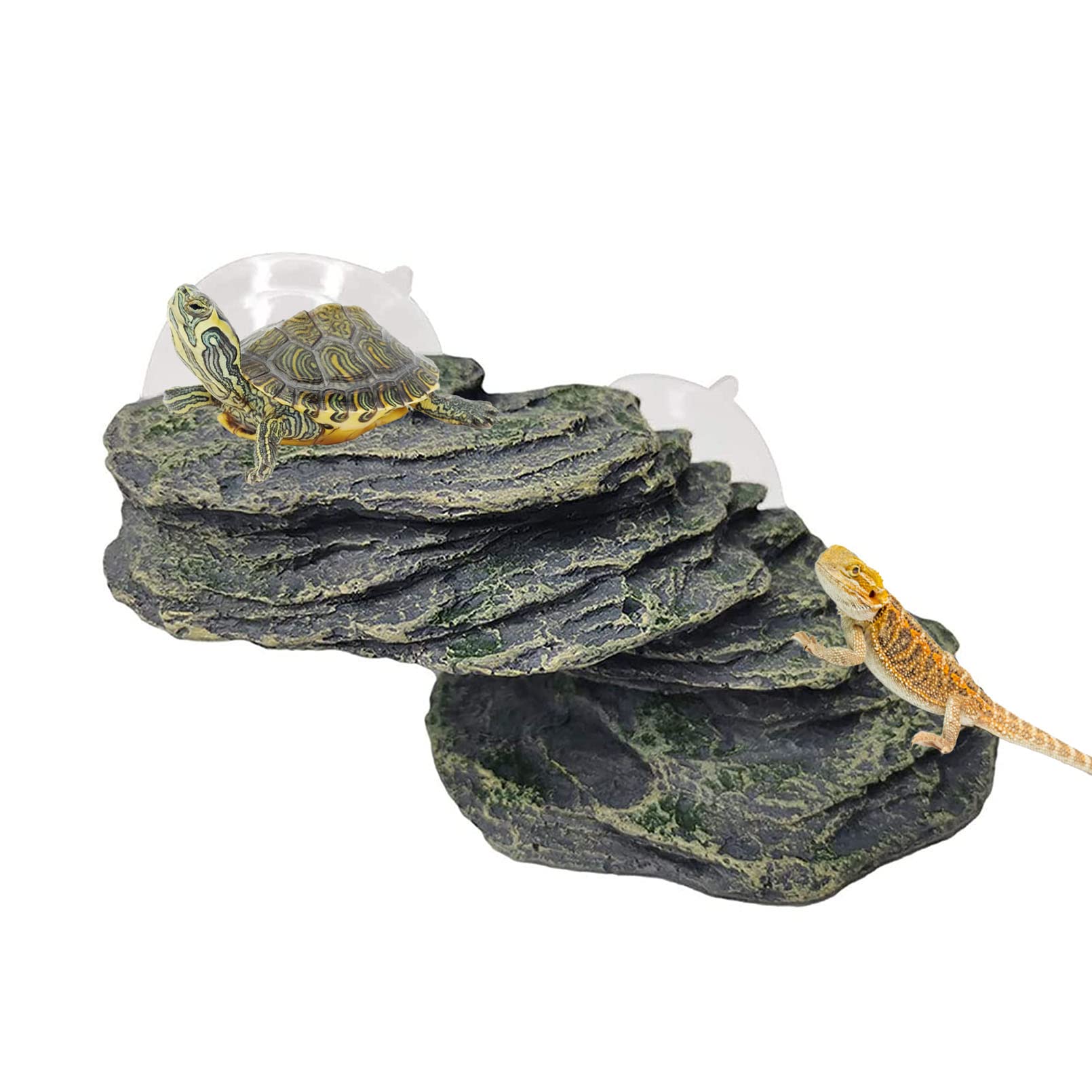 kathson Turtle Basking Platform with Suction Cup Tortoise Climbing Rest Terrace Resin Step Decoration Reptile Habitat Rock Decor