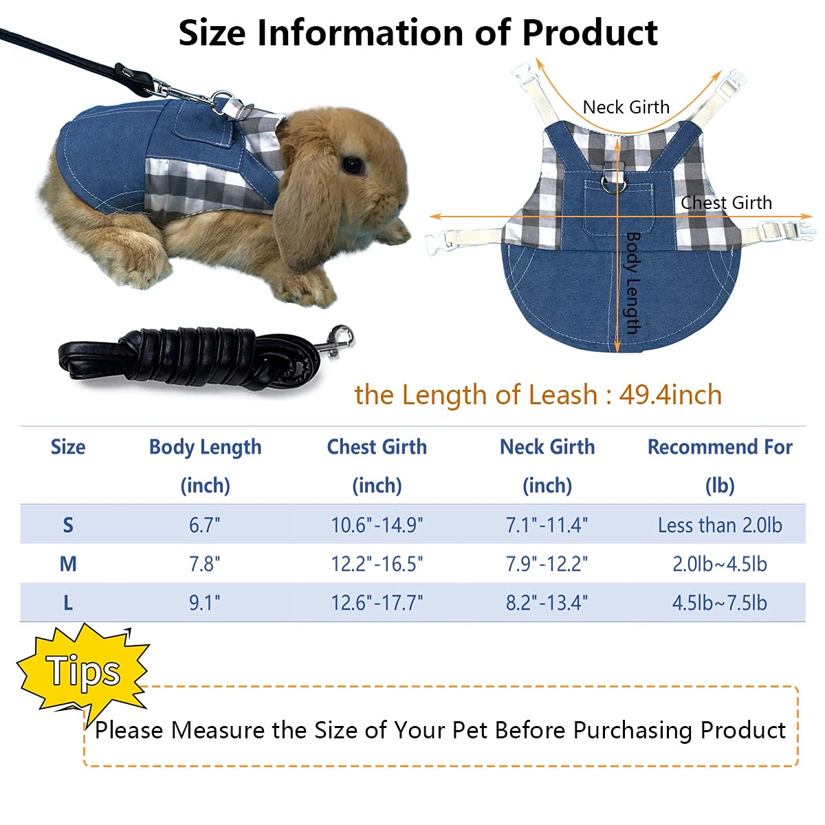 Vehomy Rabbit Harness and Leash Small Animal Clothes for Rabbit Guinea Pig, Bunny Plaid Harness Leash Guinea Pig Blue Denim Blac