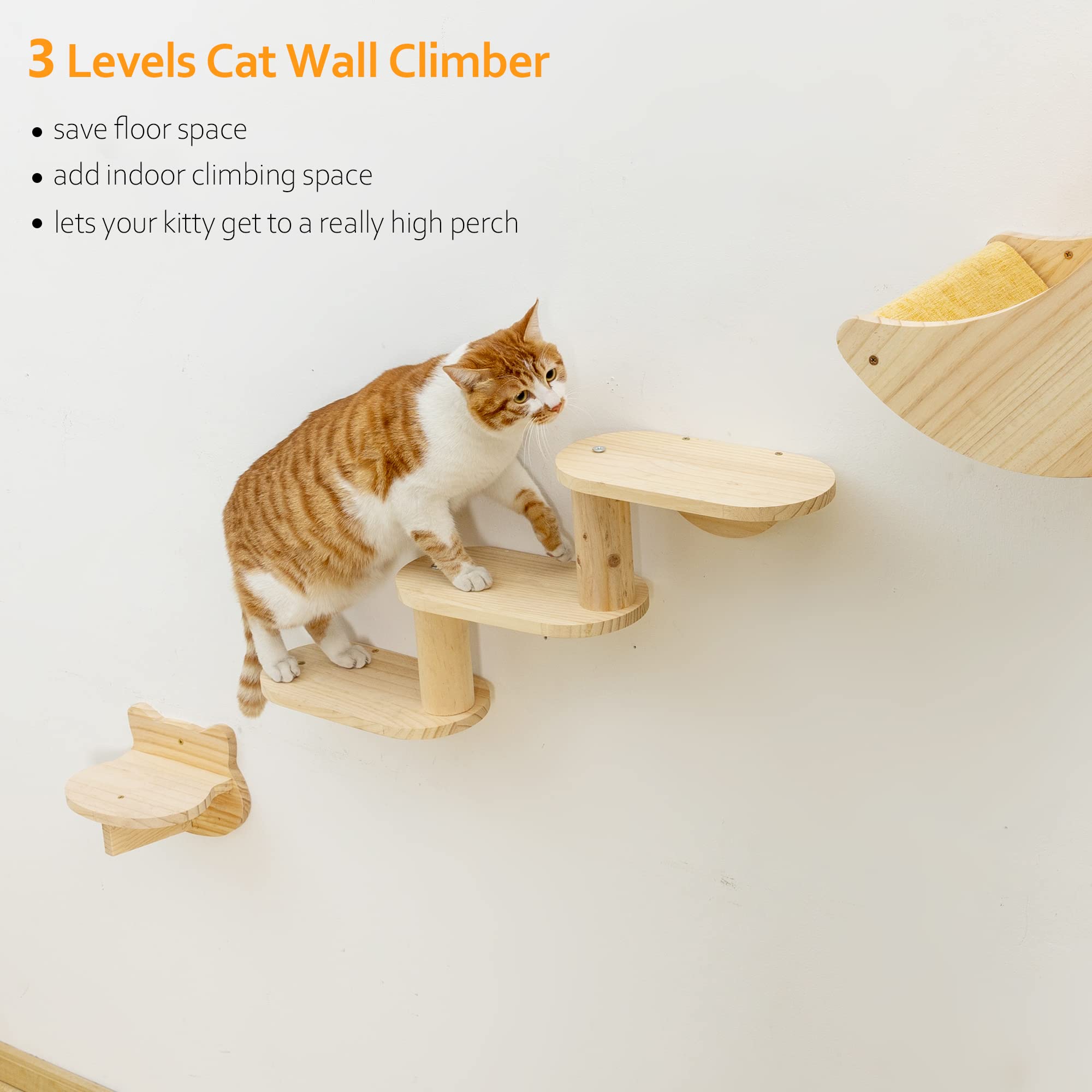 Cat Shelf for Wall Mount Hammock with 3-Levels Climbing Ladder and Shelves Moon Cats Wall Furniture for Activity Indoor Kitty (3