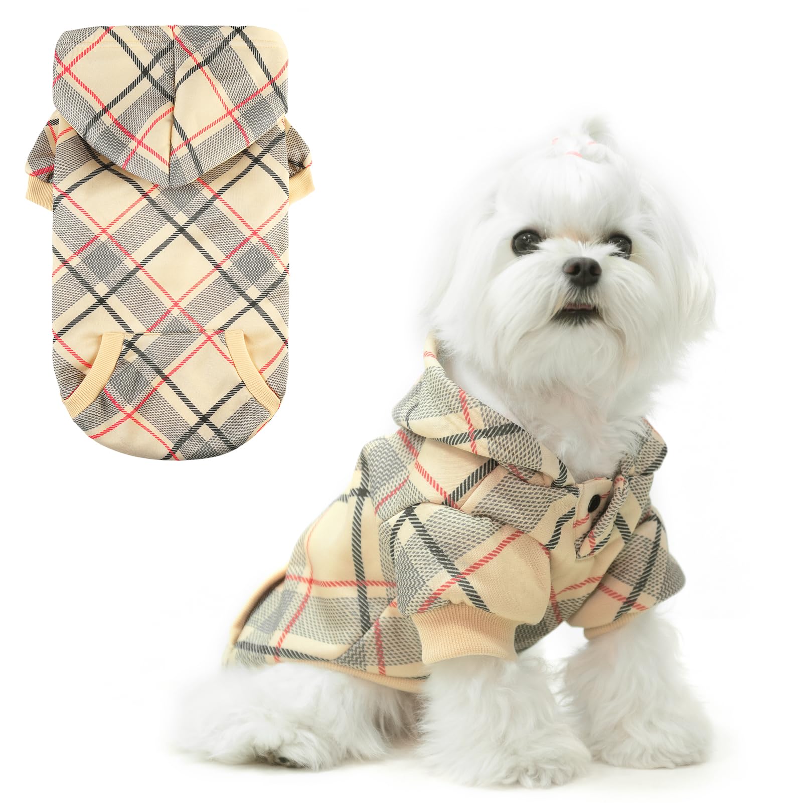 Expawlorer Plaid Dog Hoodie - Fall Dog Sweater With Leash Hole And Pocket,British Style Soft And Warm Dog Cold Weather Clothes, Sweatshirt, Outfits, Winter Coat For Small Medium Large Dogs