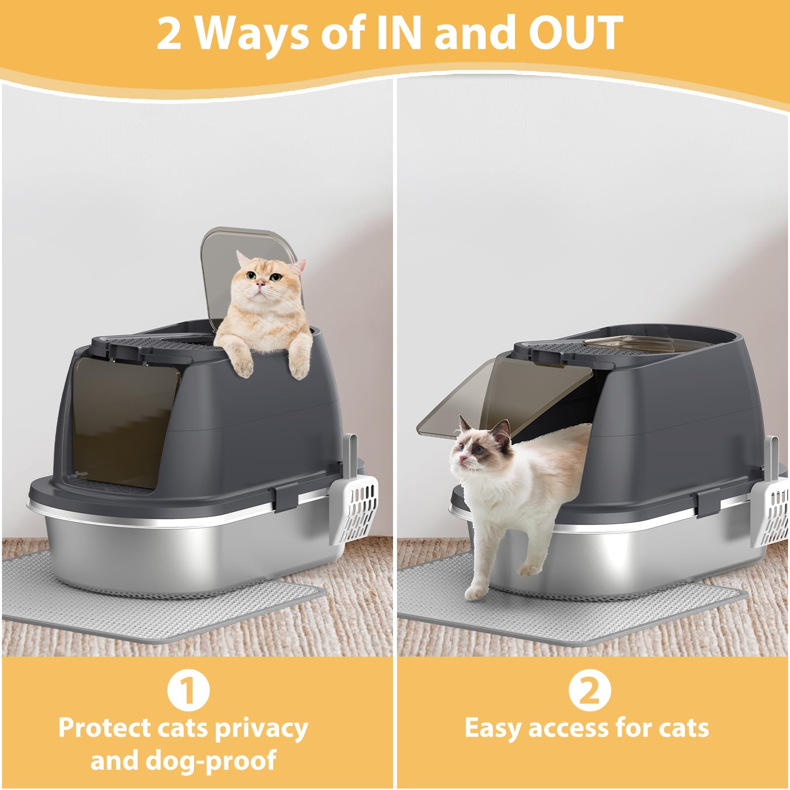 Stainless Steel Litter Box With Lid,Top Entry Covered Kitten Litter Box, Enclosed Litter Tray For Easy Cleaning & Odor Control,