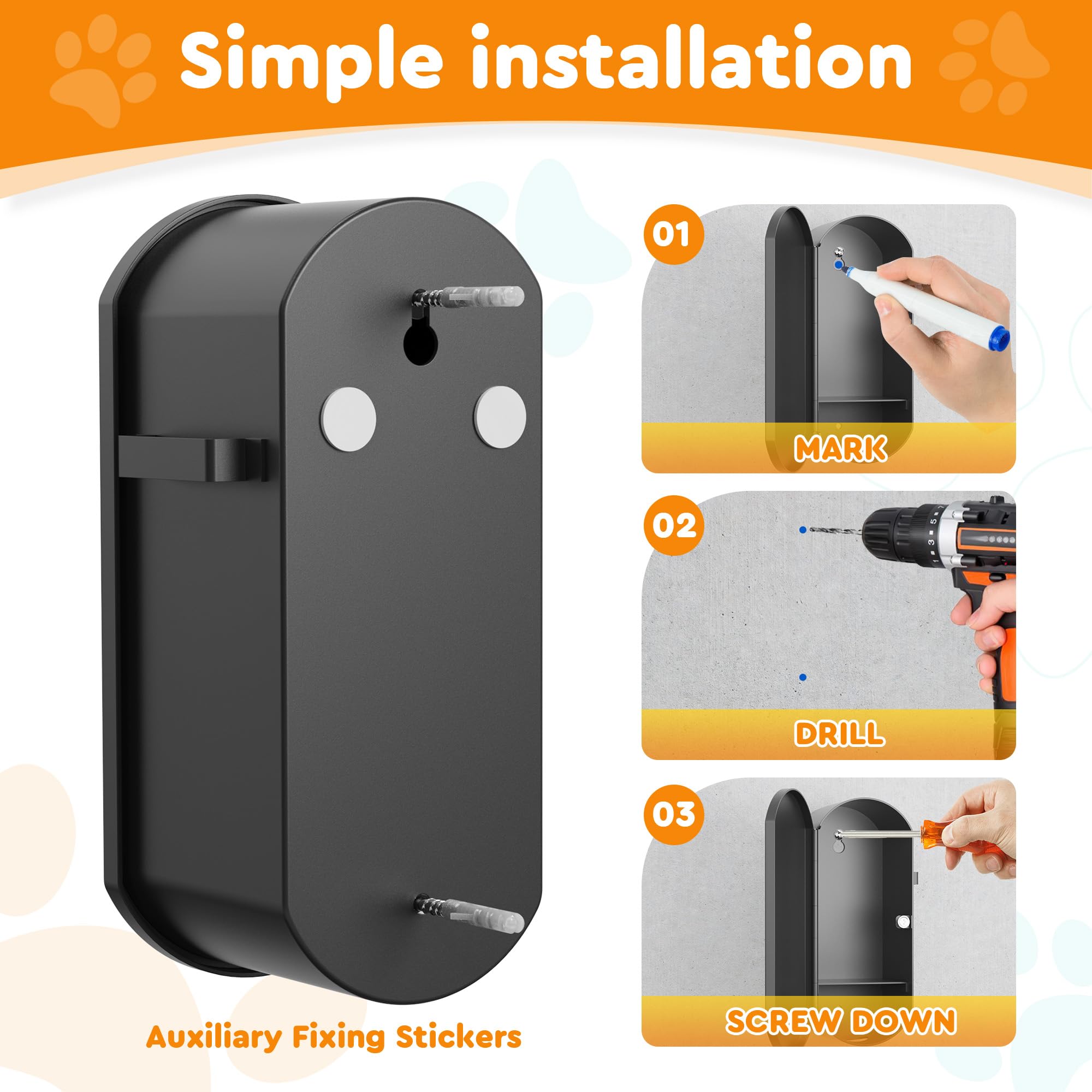 Dog Poop Bag Dispenser Wall Mount With 2Pcs Holders And 8 Rolls Of Waste Bag,Magnetic Door Closure,Metal, Corrosion-Resistant,Hi