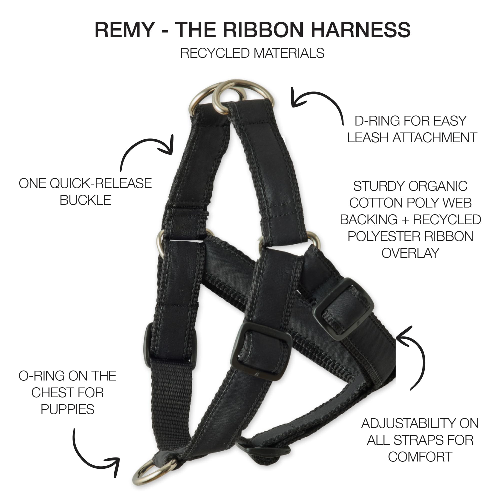 Pet Passion Remy - The Recycled Ribbon Harness, Black, X-Small