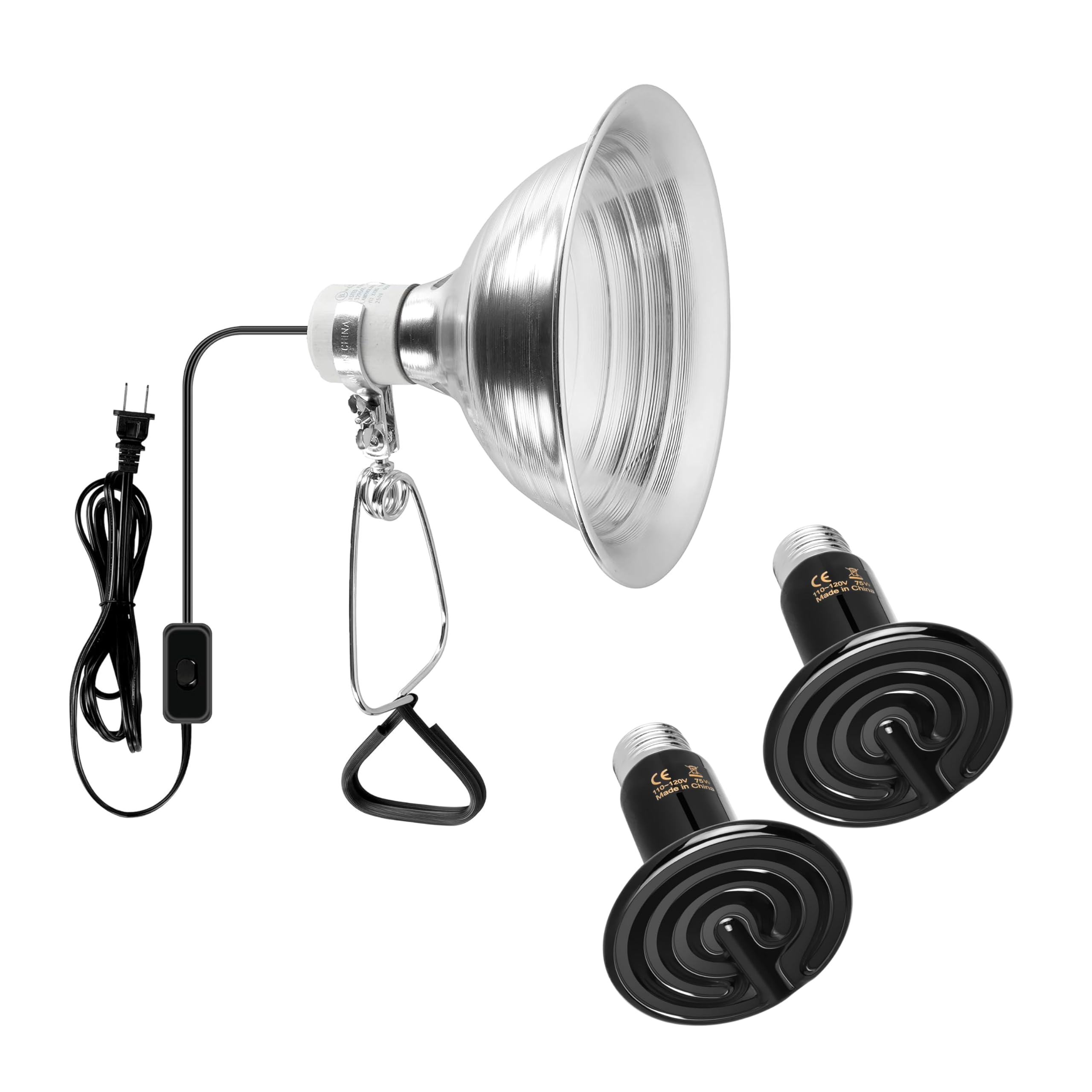 Simple Deluxe 2-Pack 75W Ceramic Reptile Heat Lamp Bulb & 150W Clamp Light With 8.5'' Aluminum Reflector Combo For Amphibian Pet