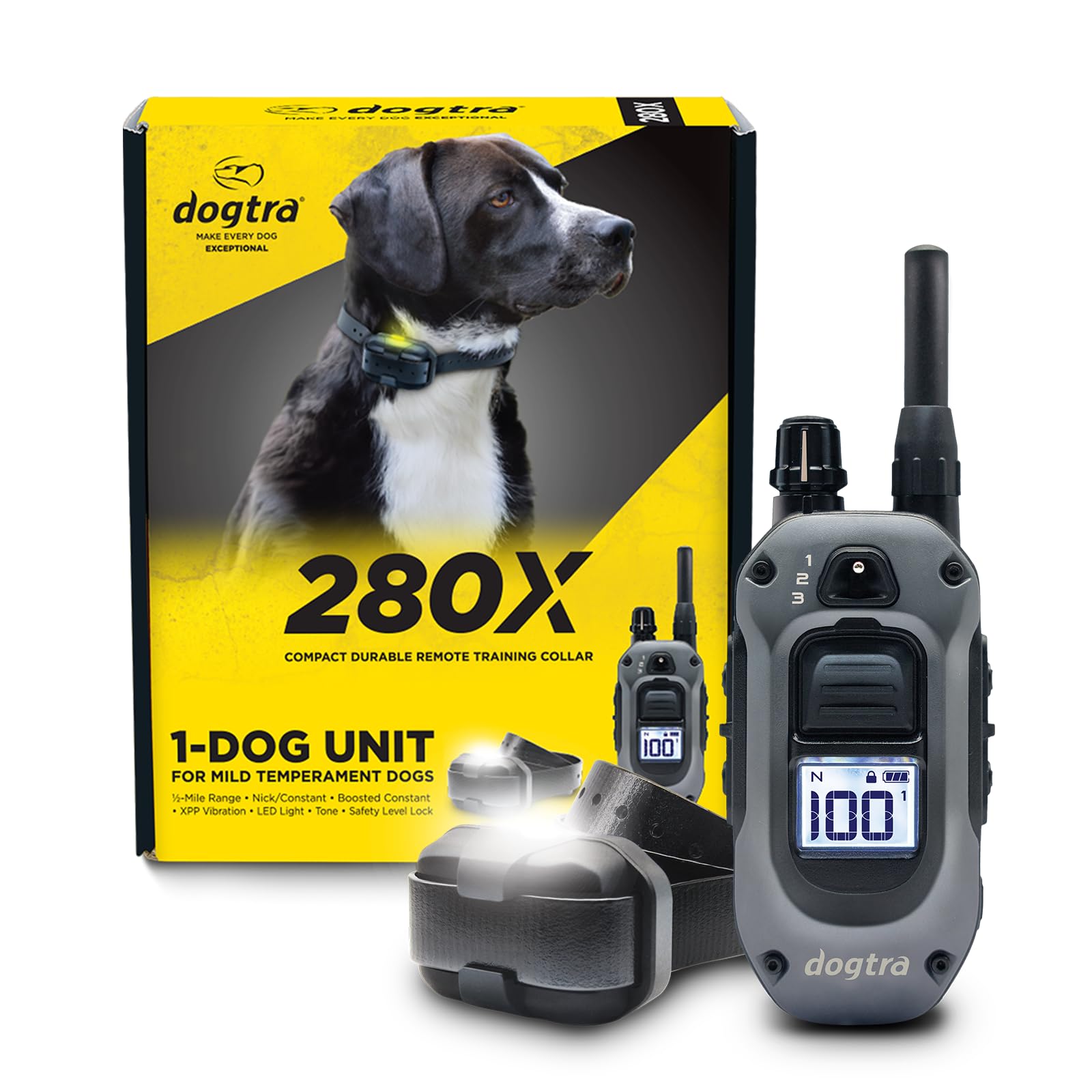 Dogtra 280X E-Collar with Remote [New Edition] 10 lbs+, 1/2 Mile Range, LED Light, 100 Levels of Precise Control for Stubborn Do