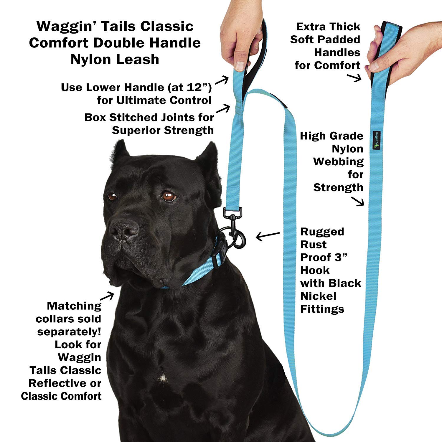 Wagtime Club Soft &Thick Dual Handle 6Ft Dog Leash, Premium Nylon Double Padded Handles For Medium, Large Or Xlarge Dog (Reflective Bright Blue)