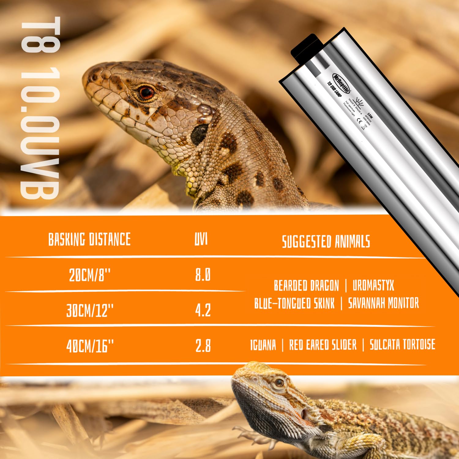 Reptiking T8 Uvb Reptile Light, 15W Uvb Light Fixture And 10.0 Uvb Lamp Tube Kit, For Desert-Dwelling Reptiles, Bearded Dragon U