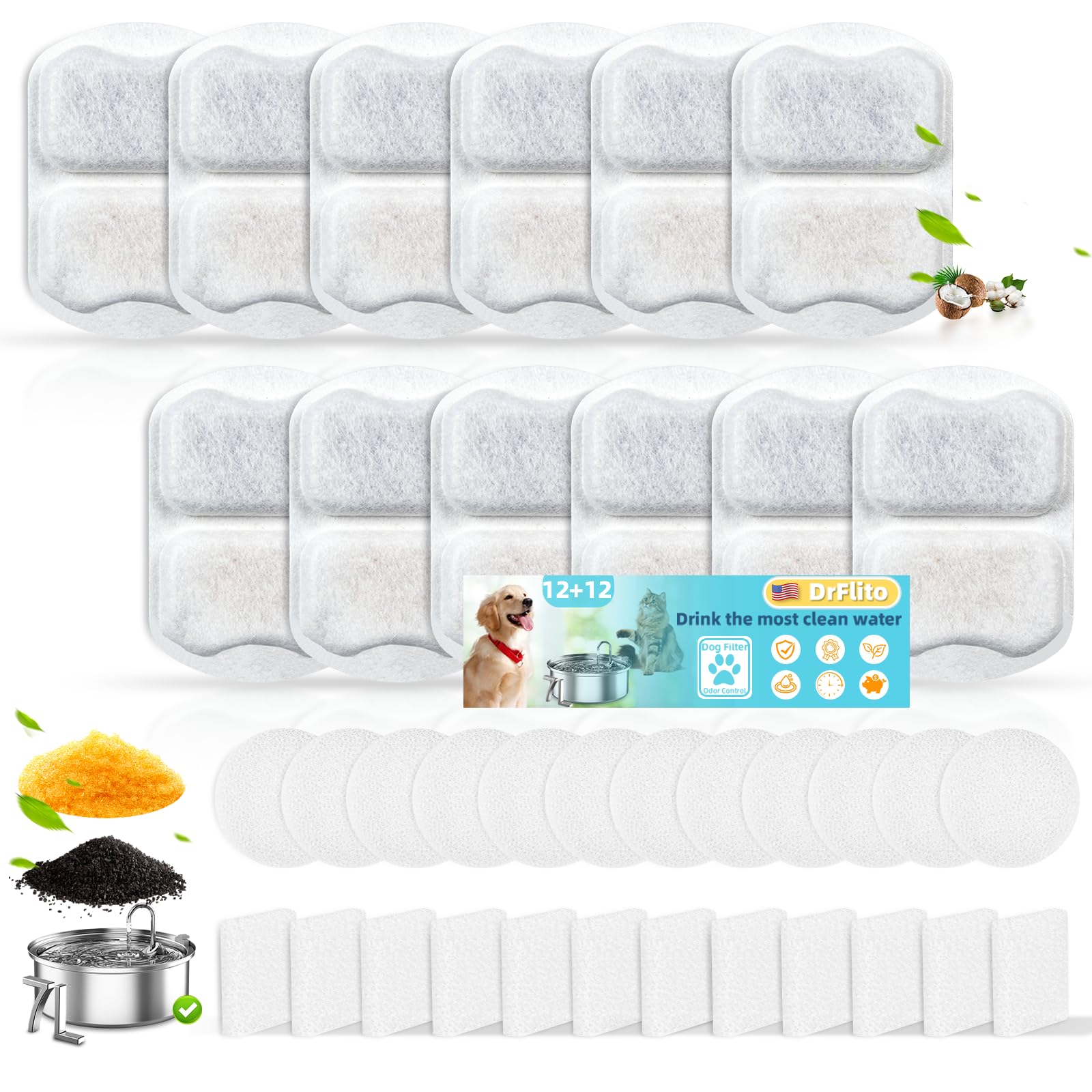 12 Sets Filter Replacement Compatible With Oneisall 7L/230Oz/1.8G Dog Water Fountain, Dog Water Bowl Filter For Stainless Steel 