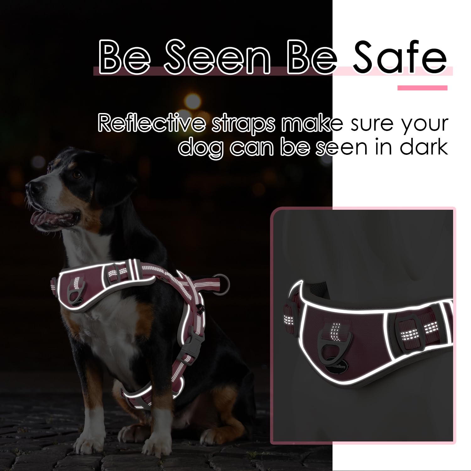 ADVENTUREMORE No Pull Dog Harness for Large Dogs, Adjustable Reflective Nylon Vest, Pink with QR Code Tag, Easy Control Front Clip