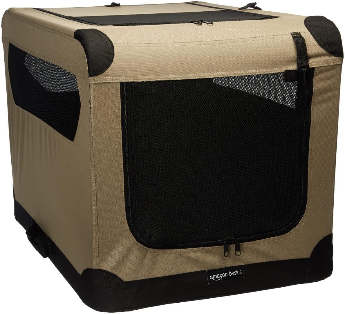 Amazon Basics 2-Door Portable Soft-Sided Folding Soft Dog Travel Crate Kennel, Medium (M 30'' X 21'' X 21''), Tan