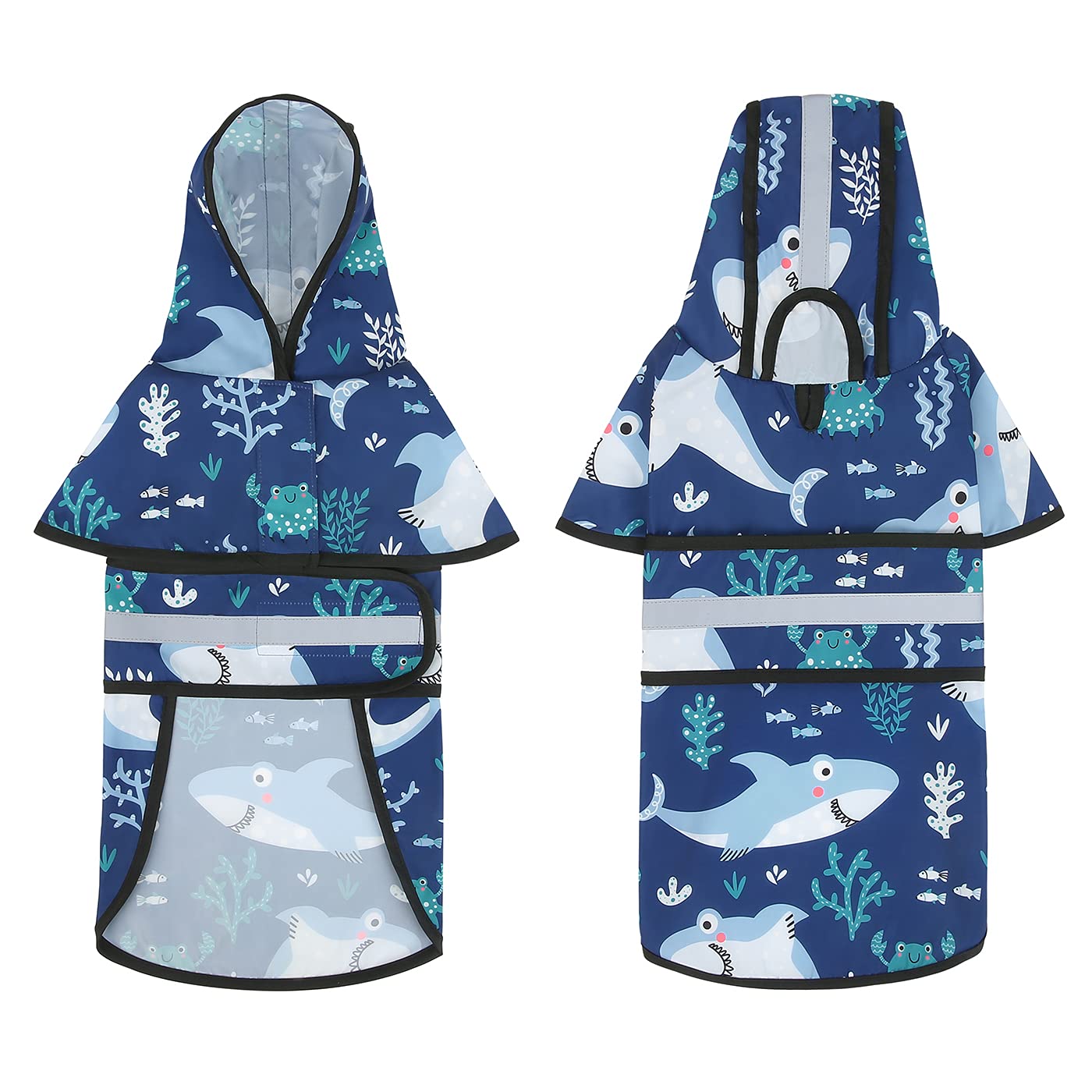 Hde Dog Raincoat Hooded Slicker Poncho For Small To X-Large Dogs And Puppies Sharks - M